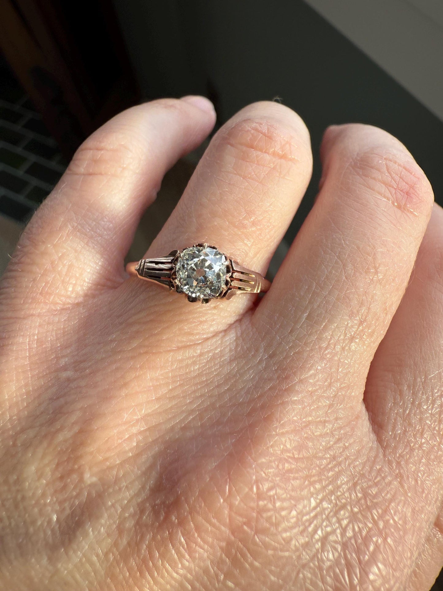 Tall Ornate French Victorian Antique One Carat Old Mine Cut DIAMOND Solitaire Engagement Ring 10k Rose Gold Scrolled Tulip Shoulders Stacker