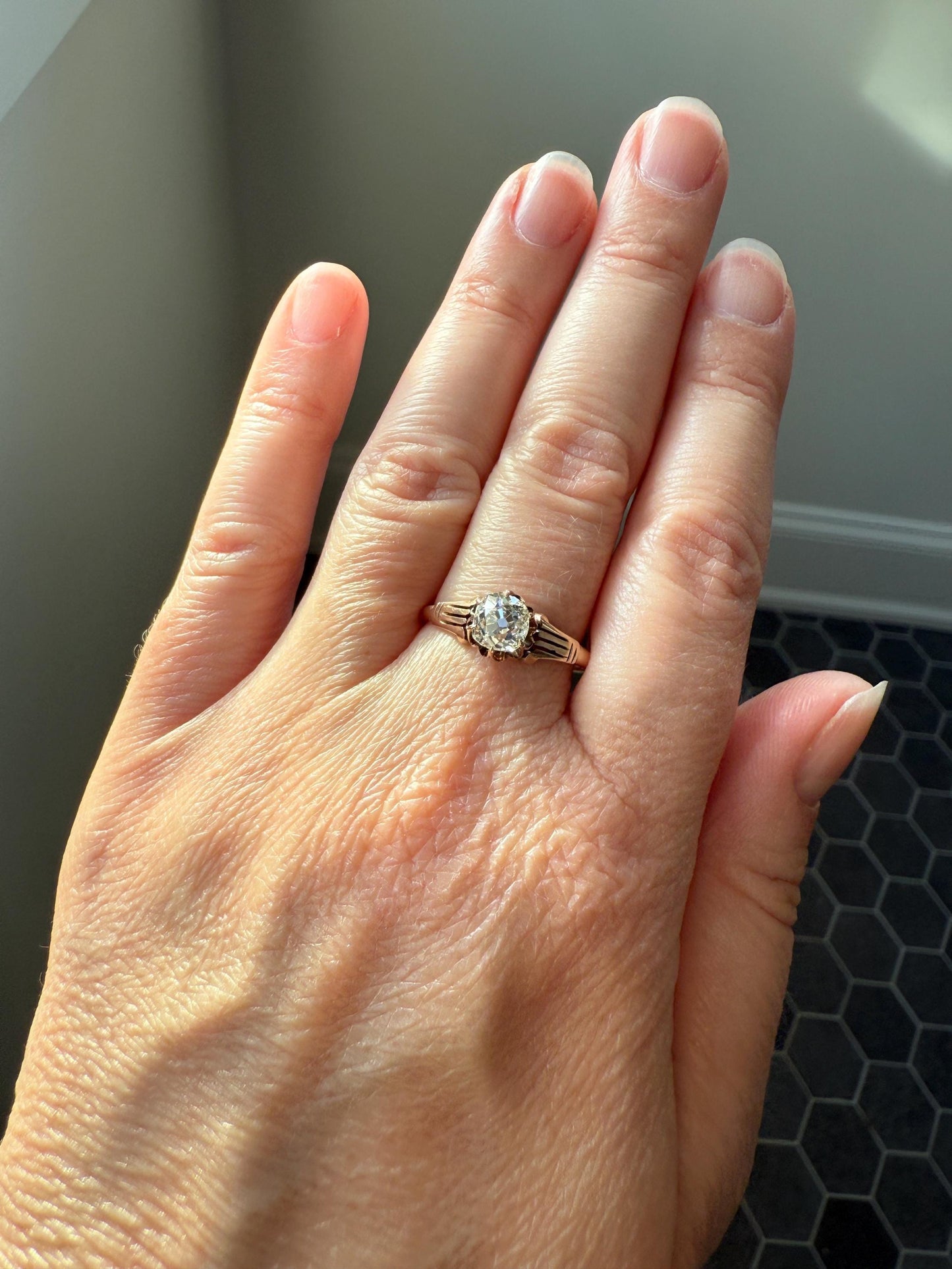Tall Ornate French Victorian Antique One Carat Old Mine Cut DIAMOND Solitaire Engagement Ring 10k Rose Gold Scrolled Tulip Shoulders Stacker