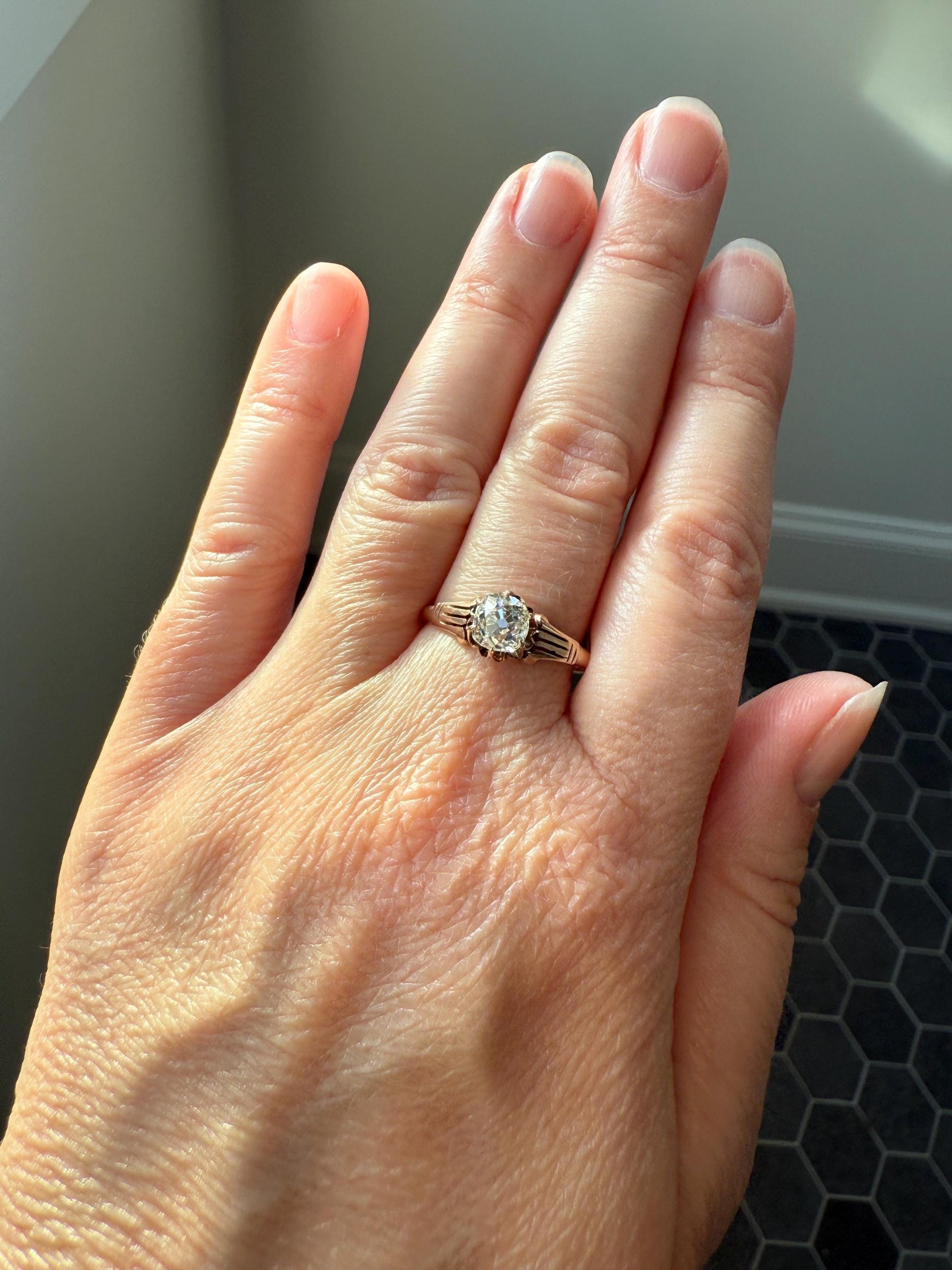 Tall Ornate French Victorian Antique One Carat Old Mine Cut DIAMOND Solitaire Engagement Ring 10k Rose Gold Scrolled Tulip Shoulders Stacker
