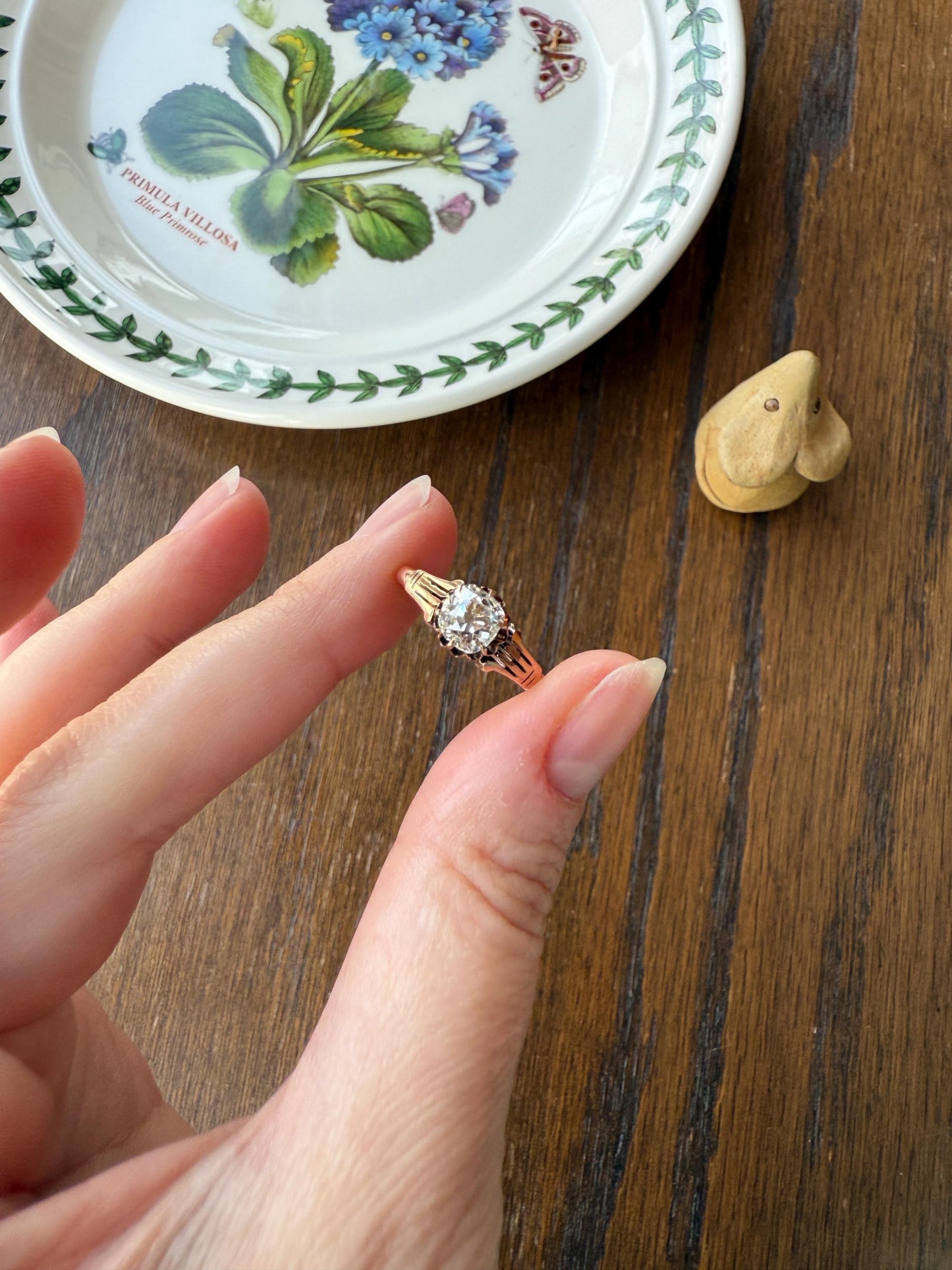 Tall Ornate French Victorian Antique One Carat Old Mine Cut DIAMOND Solitaire Engagement Ring 10k Rose Gold Scrolled Tulip Shoulders Stacker