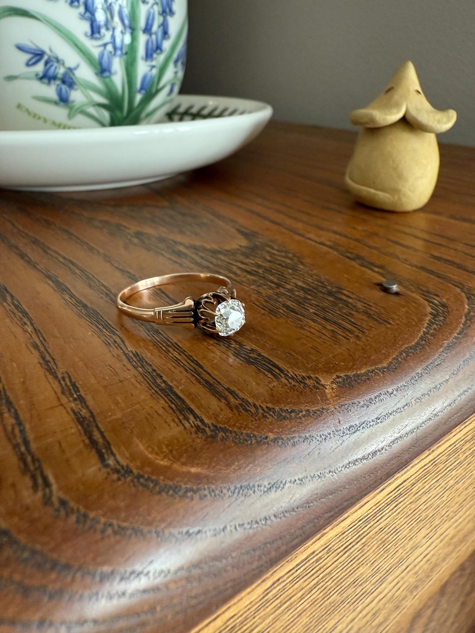 Tall Ornate French Victorian Antique One Carat Old Mine Cut DIAMOND Solitaire Engagement Ring 10k Rose Gold Scrolled Tulip Shoulders Stacker