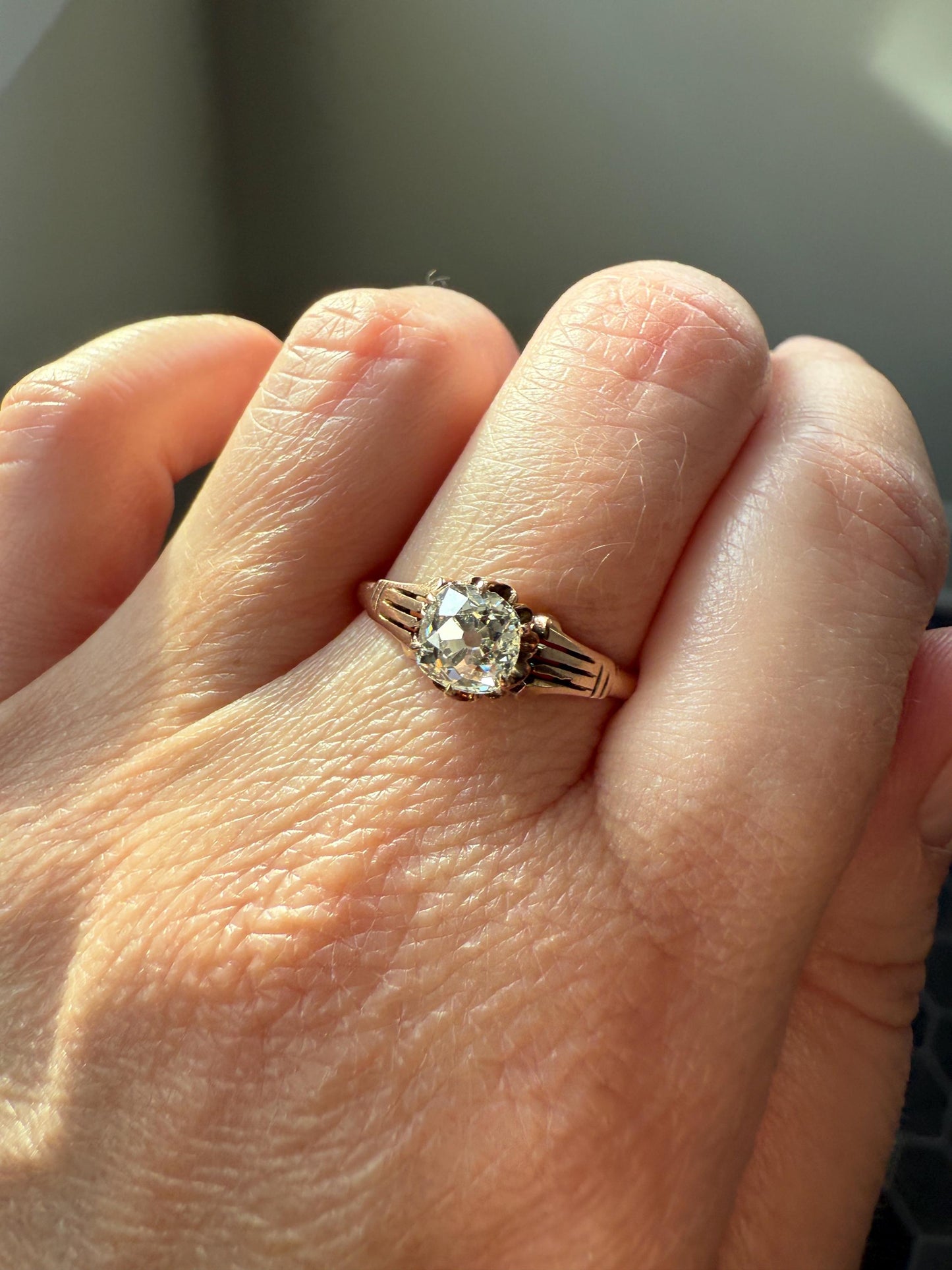 Tall Ornate French Victorian Antique One Carat Old Mine Cut DIAMOND Solitaire Engagement Ring 10k Rose Gold Scrolled Tulip Shoulders Stacker