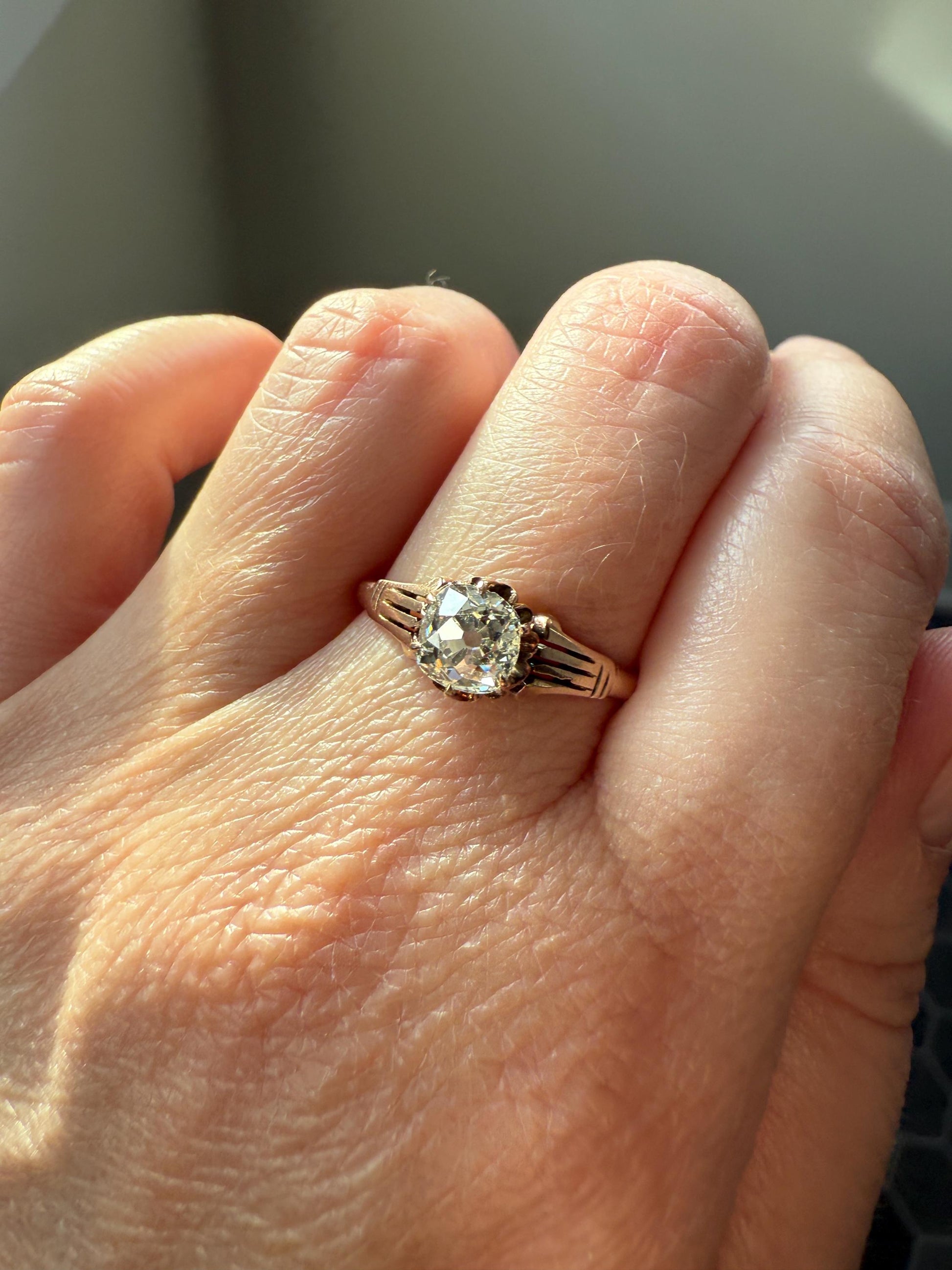 Tall Ornate French Victorian Antique One Carat Old Mine Cut DIAMOND Solitaire Engagement Ring 10k Rose Gold Scrolled Tulip Shoulders Stacker