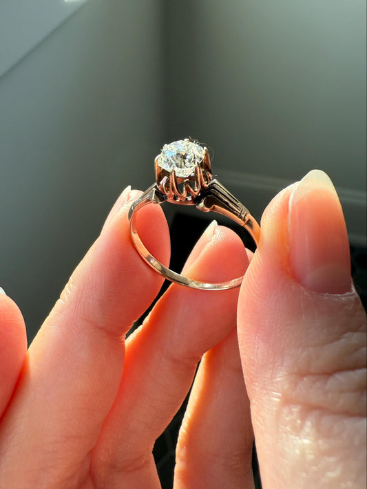 Tall Ornate French Victorian Antique One Carat Old Mine Cut DIAMOND Solitaire Engagement Ring 10k Rose Gold Scrolled Tulip Shoulders Stacker