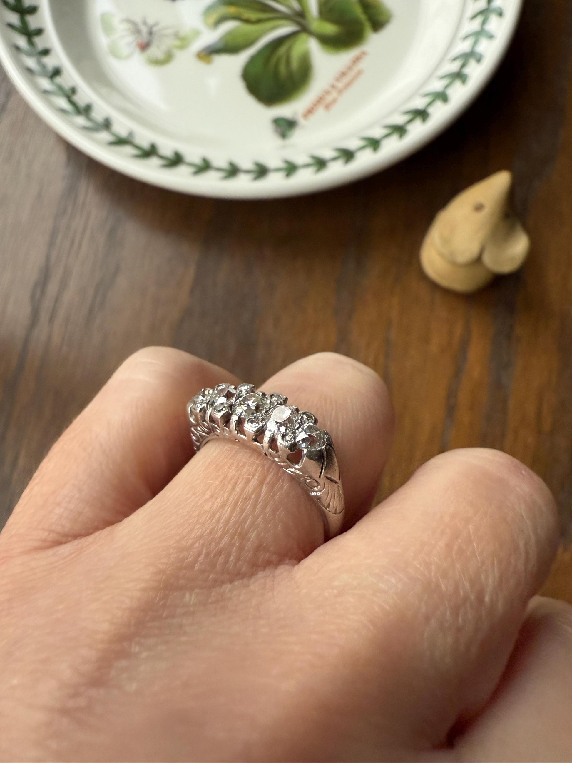 Antique One Carat Old Mine Cut DIAMOND 5 Five Stone Band Ring Platinum Rose Cut Spacers Gemset Prongs Scrolled French Edwardian