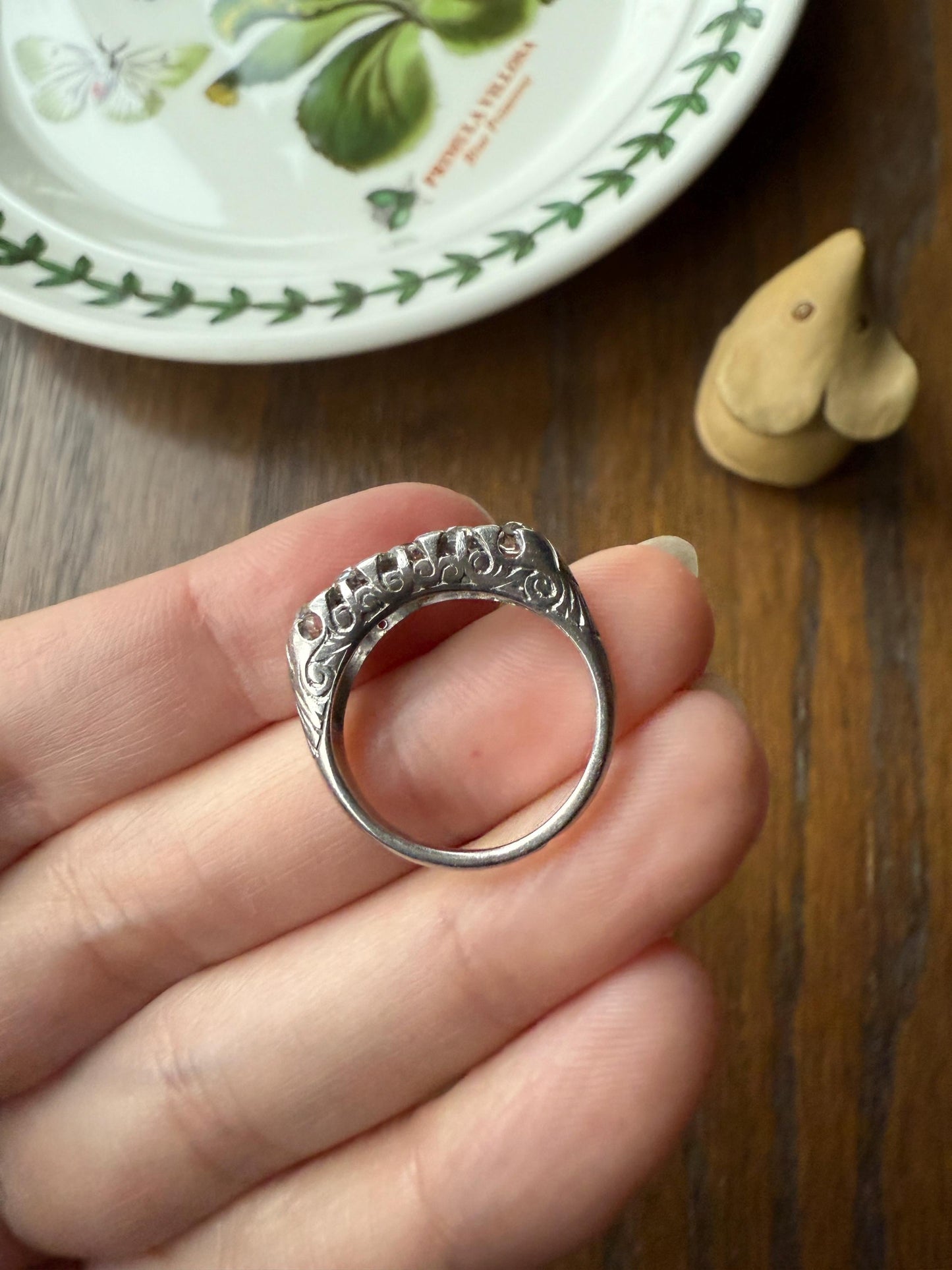 Antique One Carat Old Mine Cut DIAMOND 5 Five Stone Band Ring Platinum Rose Cut Spacers Gemset Prongs Scrolled French Edwardian