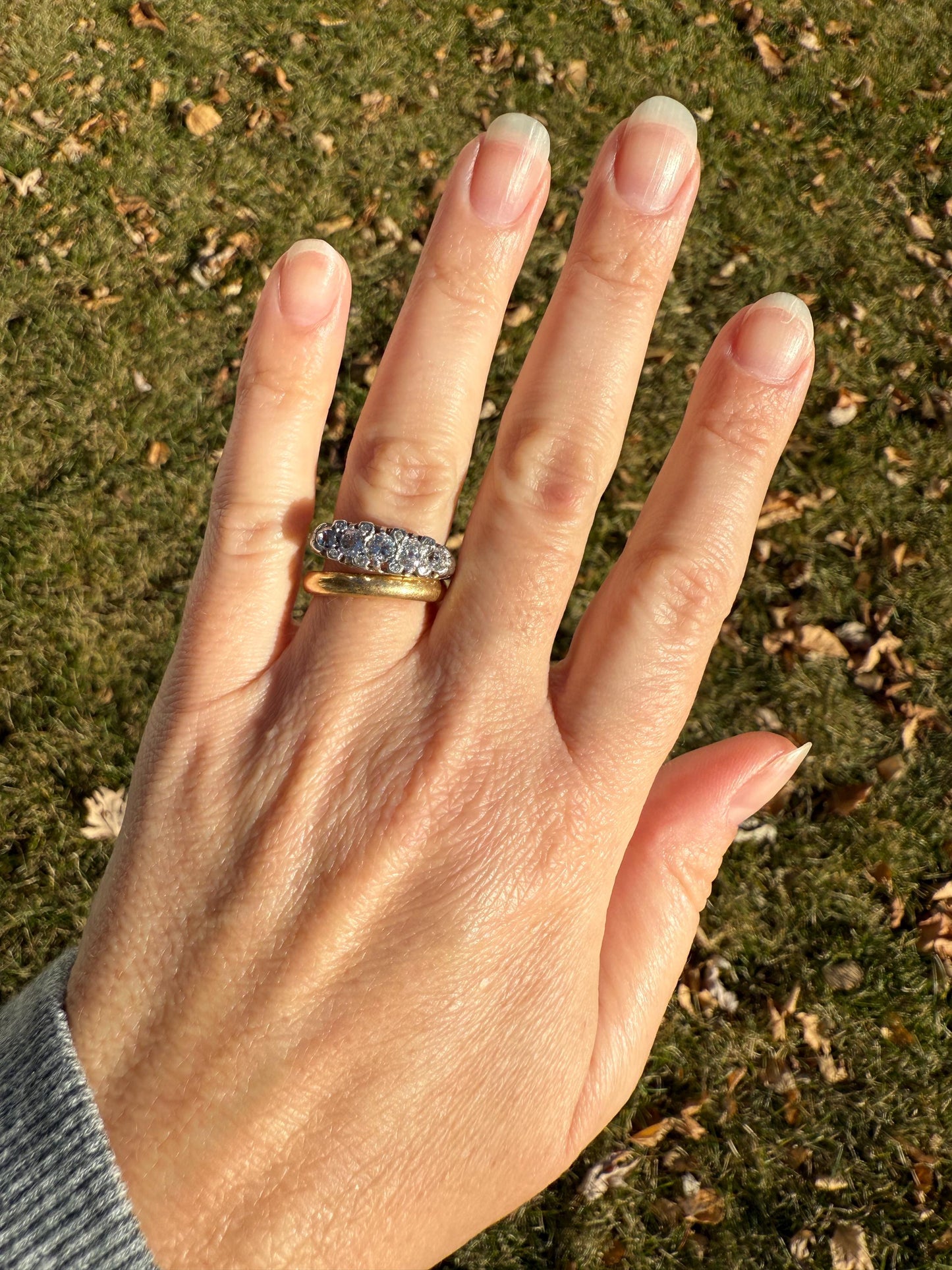 Antique One Carat Old Mine Cut DIAMOND 5 Five Stone Band Ring Platinum Rose Cut Spacers Gemset Prongs Scrolled French Edwardian