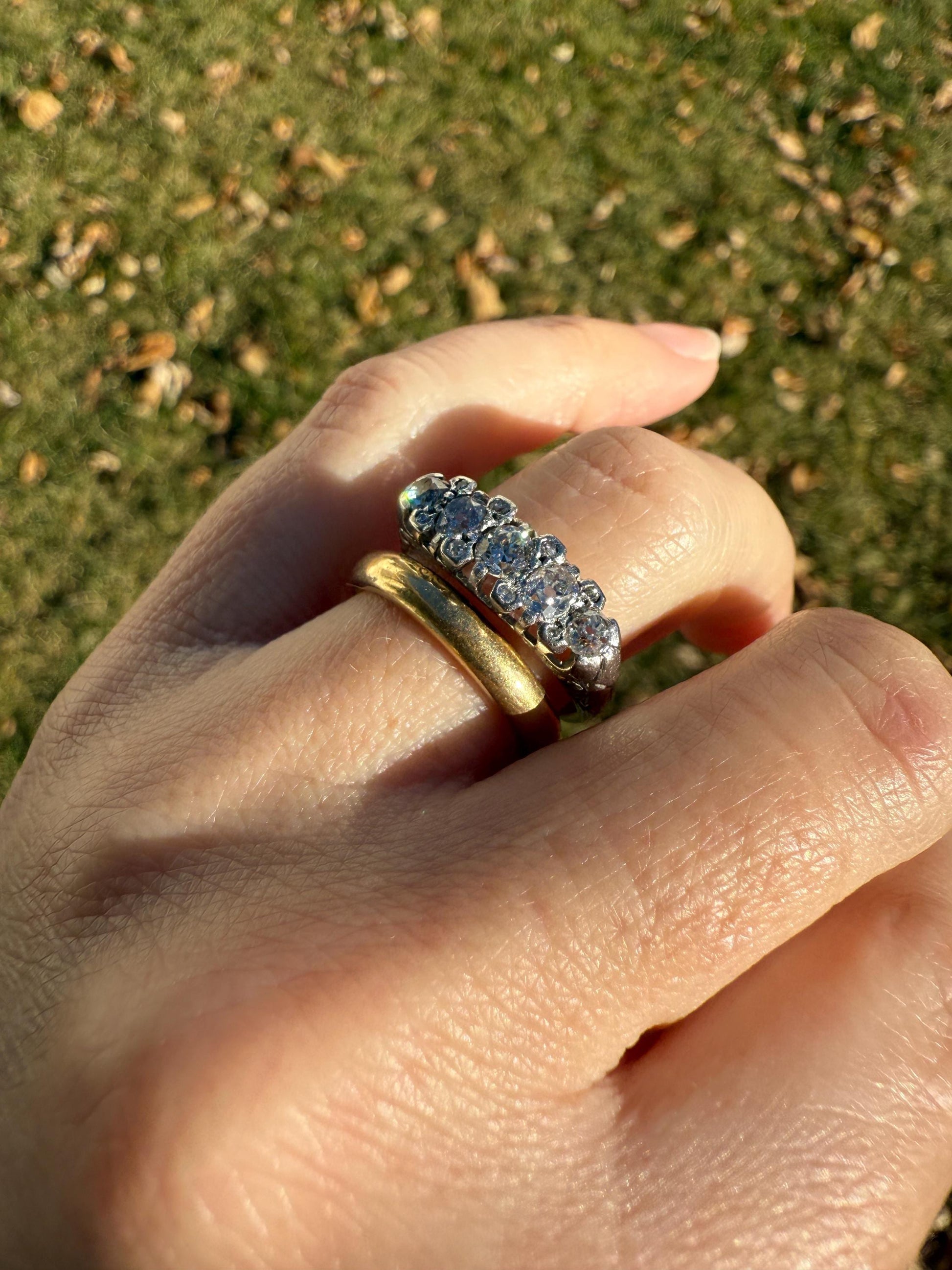 Antique One Carat Old Mine Cut DIAMOND 5 Five Stone Band Ring Platinum Rose Cut Spacers Gemset Prongs Scrolled French Edwardian