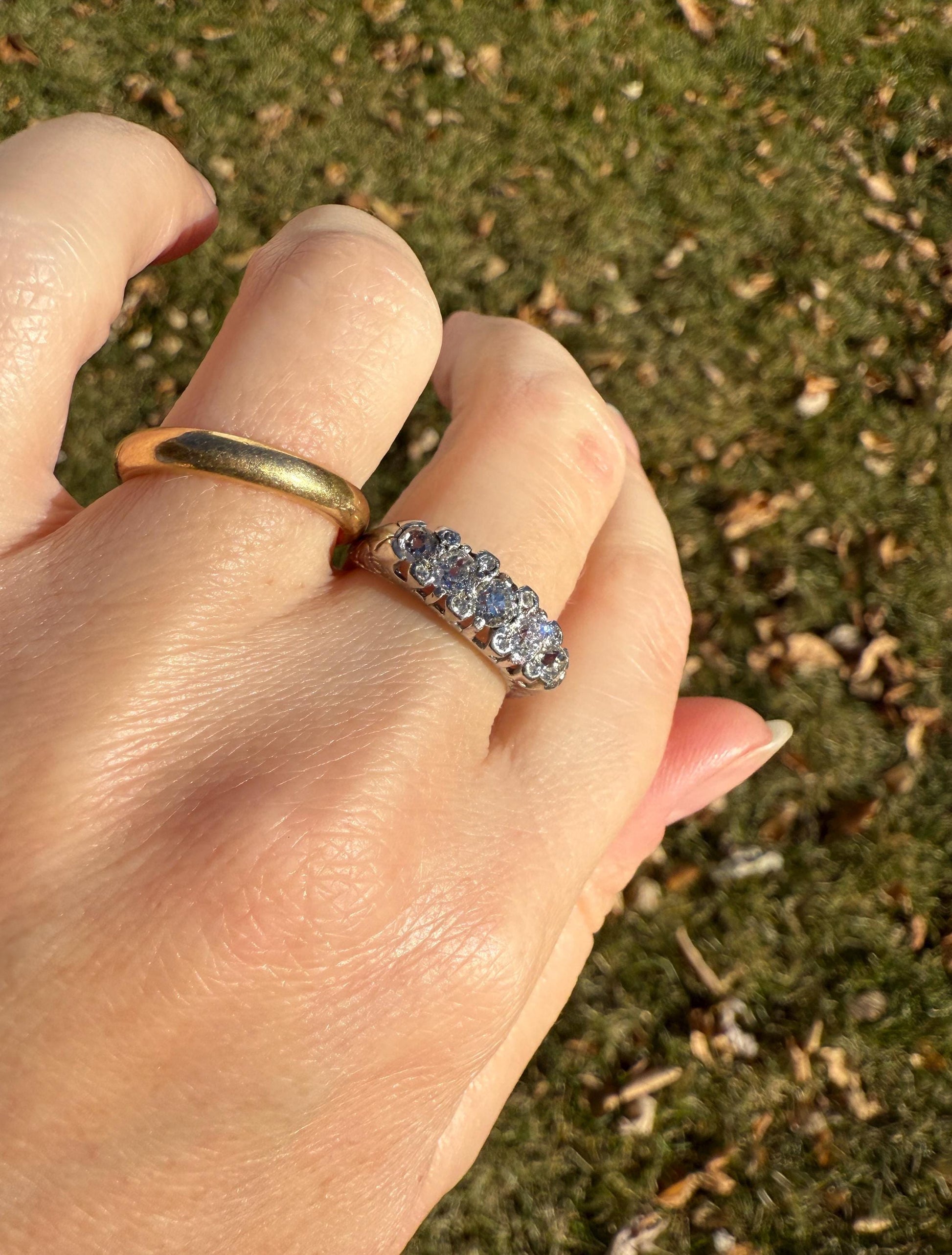 Antique One Carat Old Mine Cut DIAMOND 5 Five Stone Band Ring Platinum Rose Cut Spacers Gemset Prongs Scrolled French Edwardian
