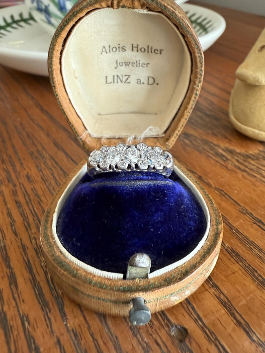 Antique One Carat Old Mine Cut DIAMOND 5 Five Stone Band Ring Platinum Rose Cut Spacers Gemset Prongs Scrolled French Edwardian