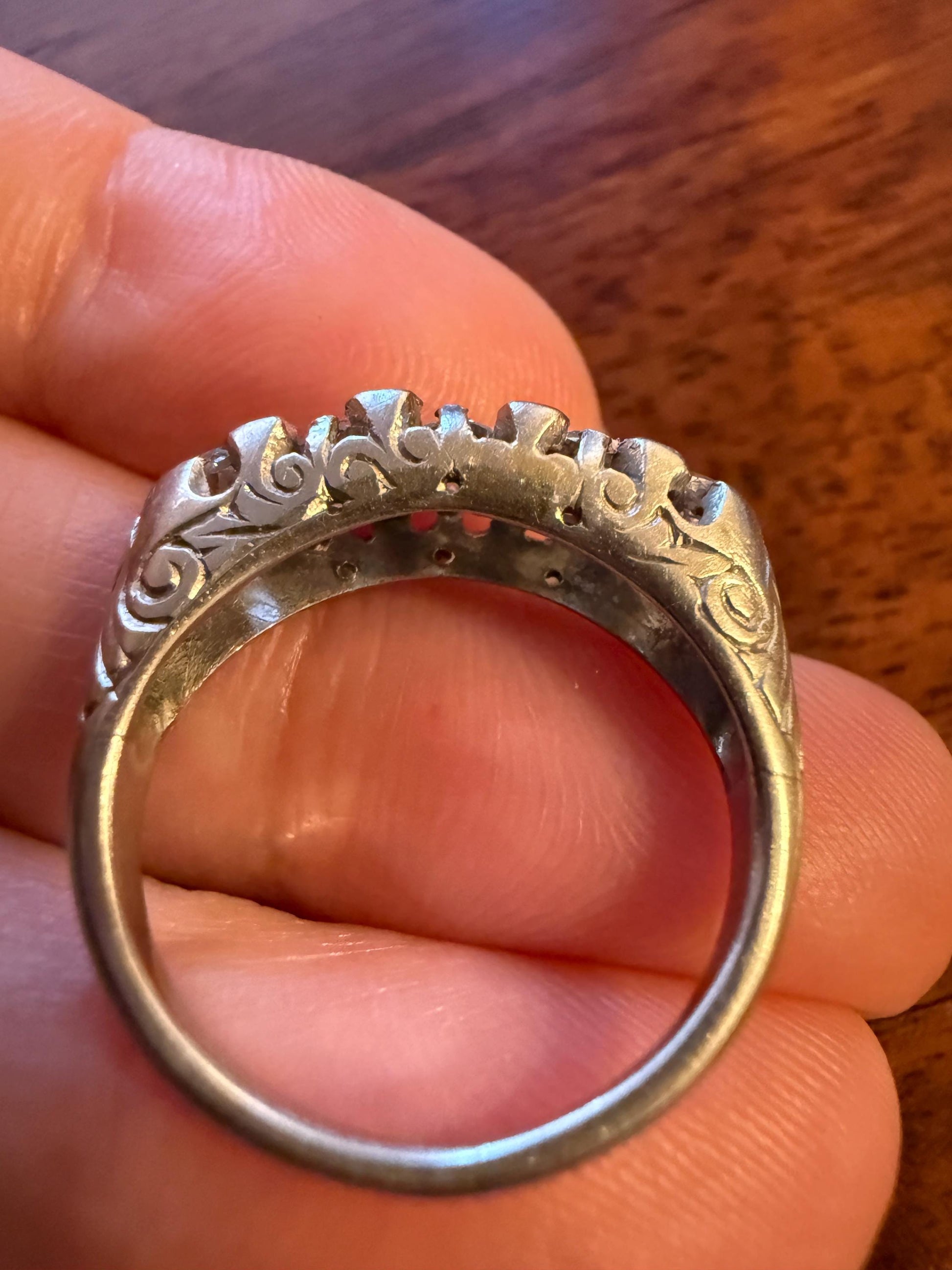 Antique One Carat Old Mine Cut DIAMOND 5 Five Stone Band Ring Platinum Rose Cut Spacers Gemset Prongs Scrolled French Edwardian