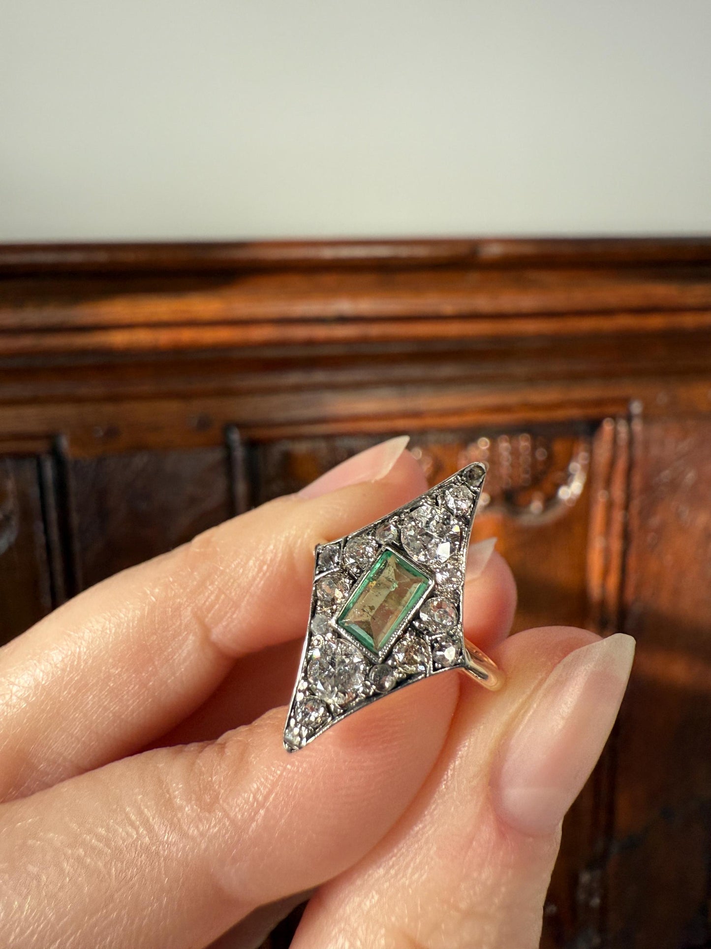 Dramatic Kite Shaped Panel Ring Green Natural Emerald 1 Carat Mixed Old Cut Diamonds Mine Rose Cluster 18k Gold & Platinum c1922 Art Deco