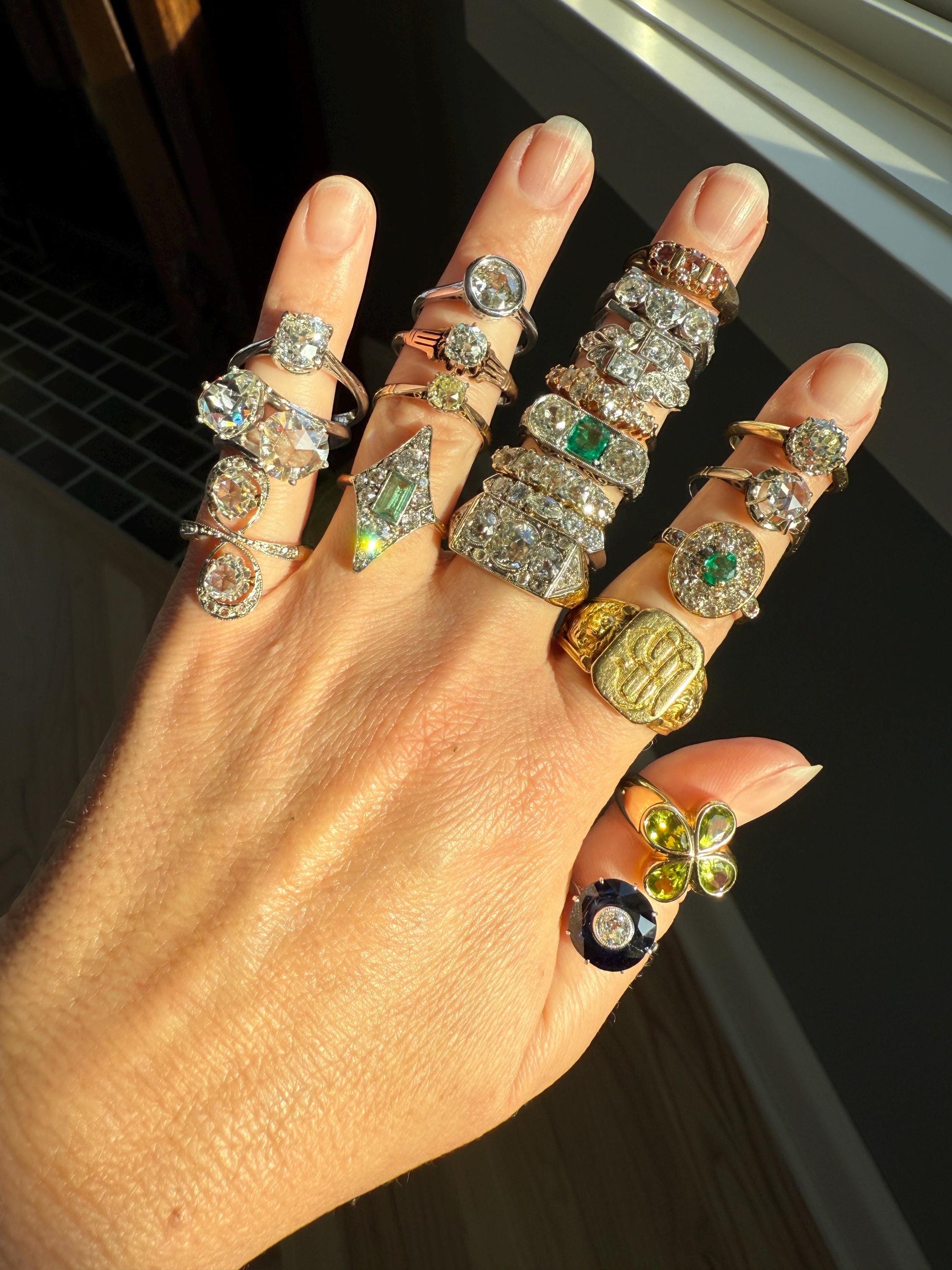 Dramatic Kite Shaped Panel Ring Green Natural Emerald 1 Carat Mixed Old Cut Diamonds Mine Rose Cluster 18k Gold & Platinum c1922 Art Deco