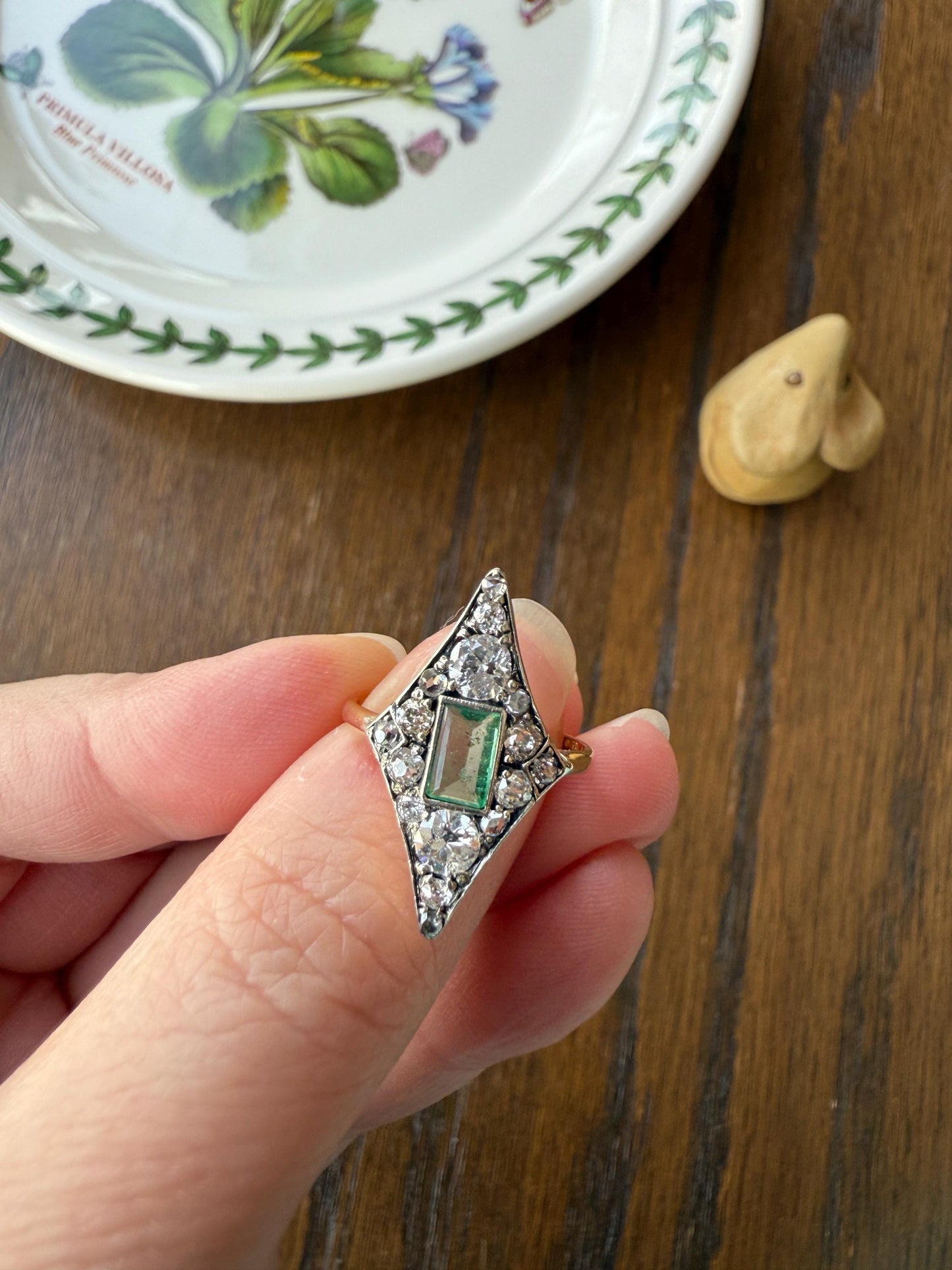 Dramatic Kite Shaped Panel Ring Green Natural Emerald 1 Carat Mixed Old Cut Diamonds Mine Rose Cluster 18k Gold & Platinum c1922 Art Deco