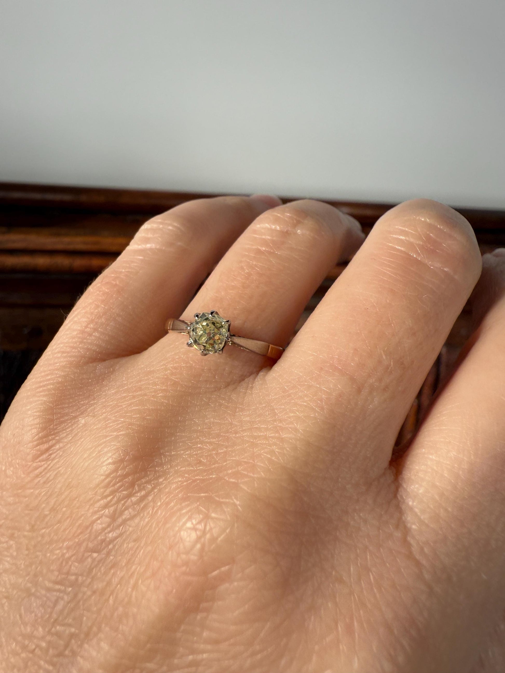 Delicious Fancy Light Greenish Yellow Antique Chunky .67 Carat Old Mine Cut Diamond Solitaire Engagement Ring 18k Gold Platinum Edwardian