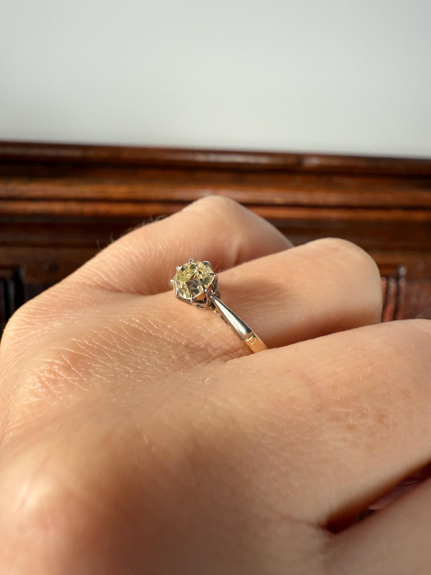 Delicious Fancy Light Greenish Yellow Antique Chunky .67 Carat Old Mine Cut Diamond Solitaire Engagement Ring 18k Gold Platinum Edwardian