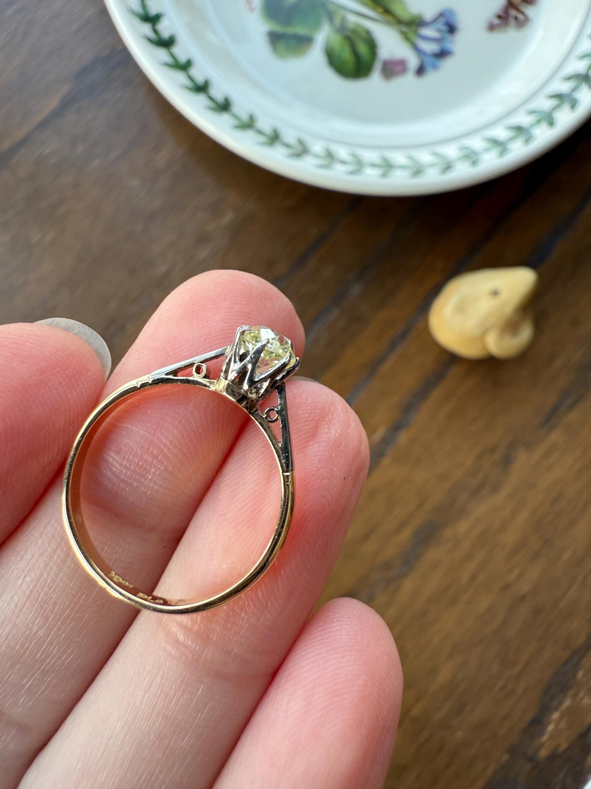 Delicious Fancy Light Greenish Yellow Antique Chunky .67 Carat Old Mine Cut Diamond Solitaire Engagement Ring 18k Gold Platinum Edwardian