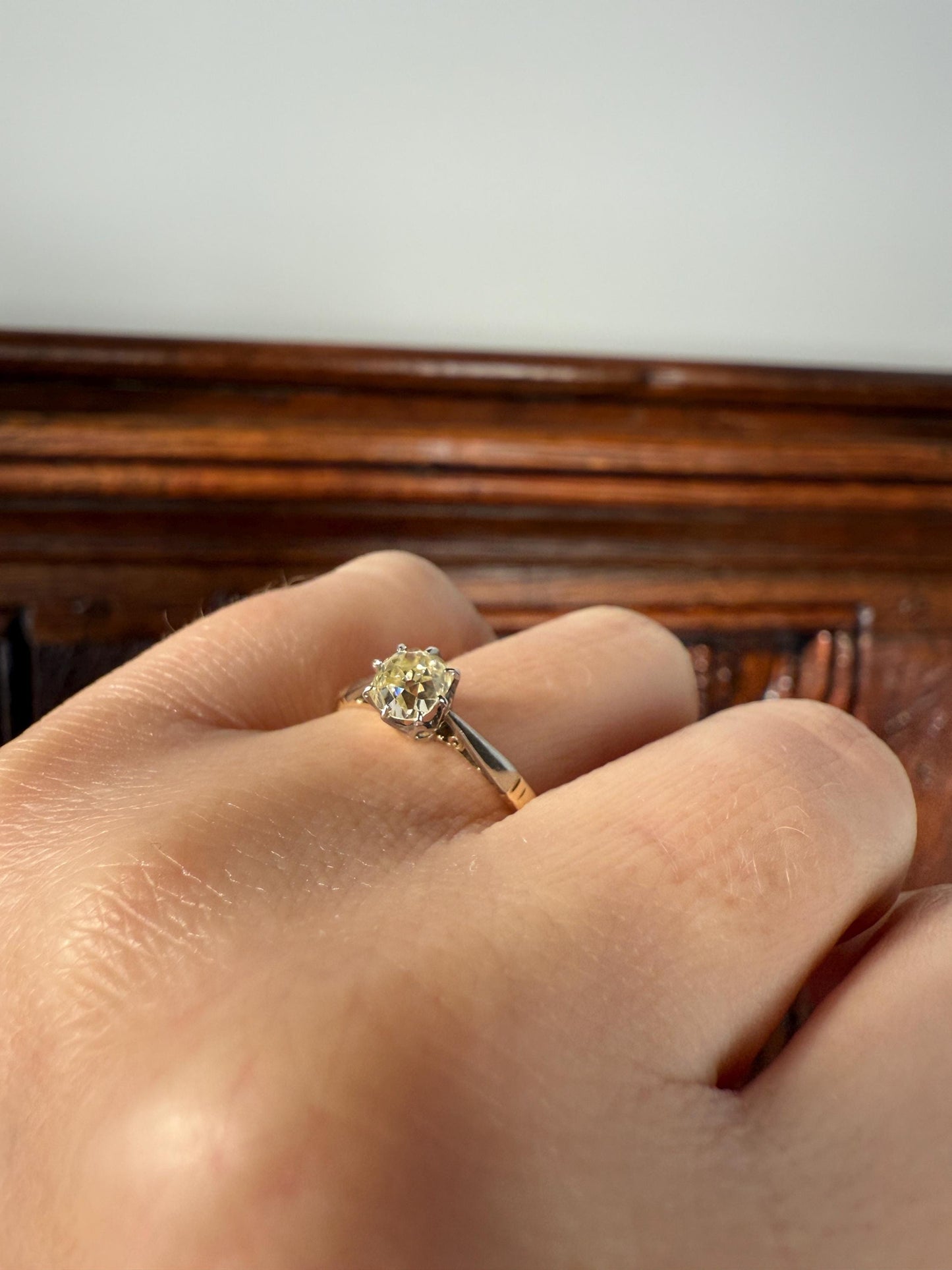 Delicious Fancy Light Greenish Yellow Antique Chunky .67 Carat Old Mine Cut Diamond Solitaire Engagement Ring 18k Gold Platinum Edwardian