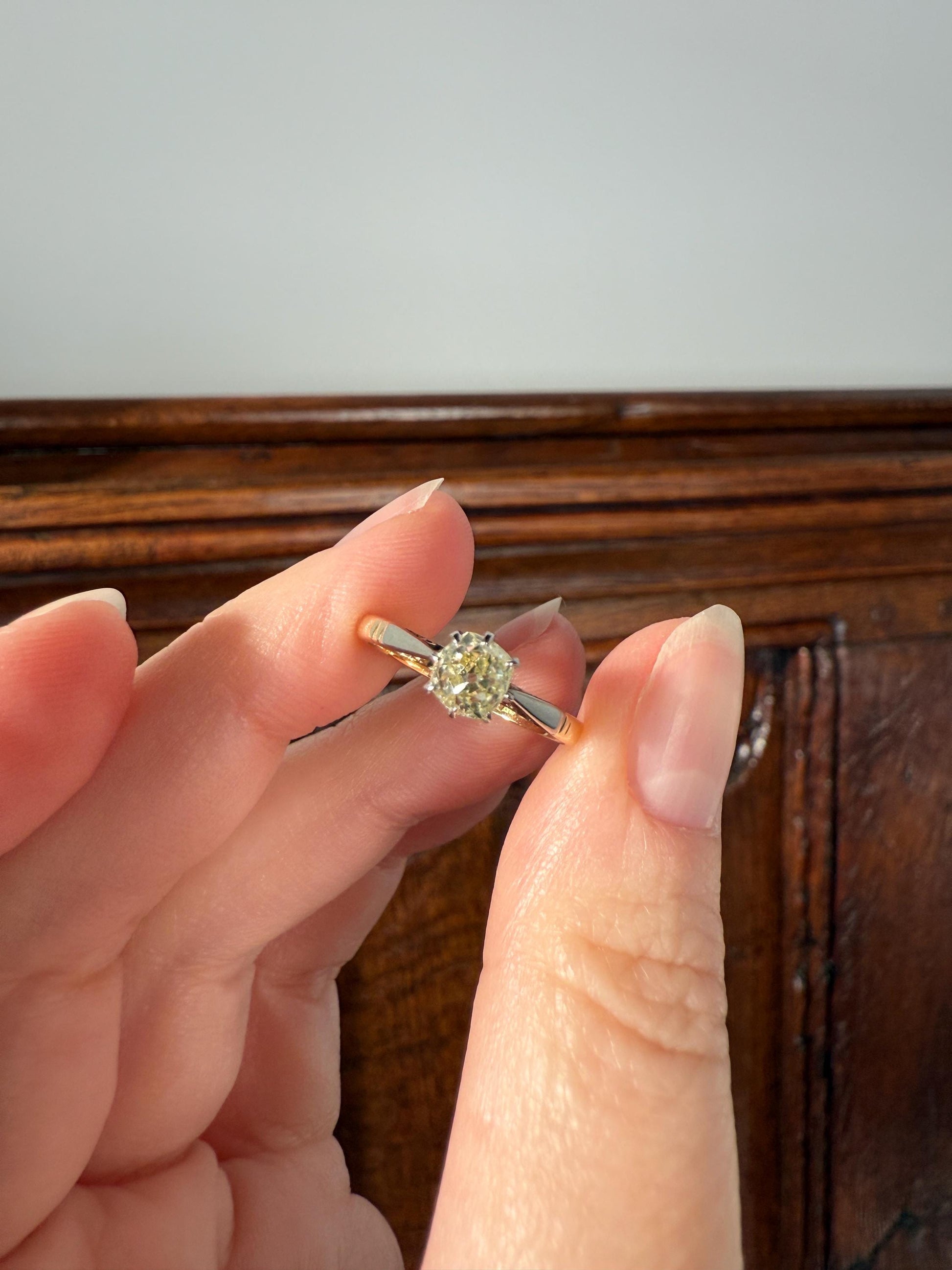 Delicious Fancy Light Greenish Yellow Antique Chunky .67 Carat Old Mine Cut Diamond Solitaire Engagement Ring 18k Gold Platinum Edwardian