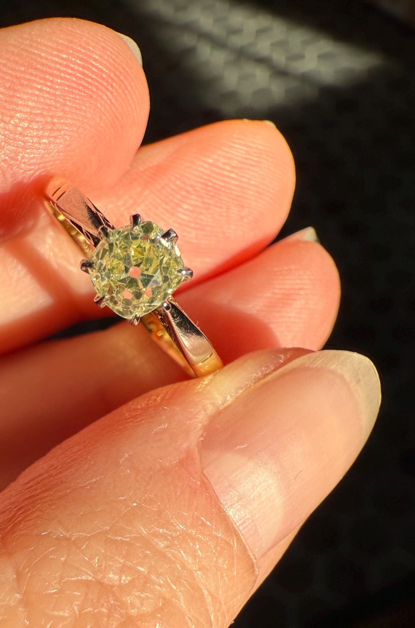 Delicious Fancy Light Greenish Yellow Antique Chunky .67 Carat Old Mine Cut Diamond Solitaire Engagement Ring 18k Gold Platinum Edwardian