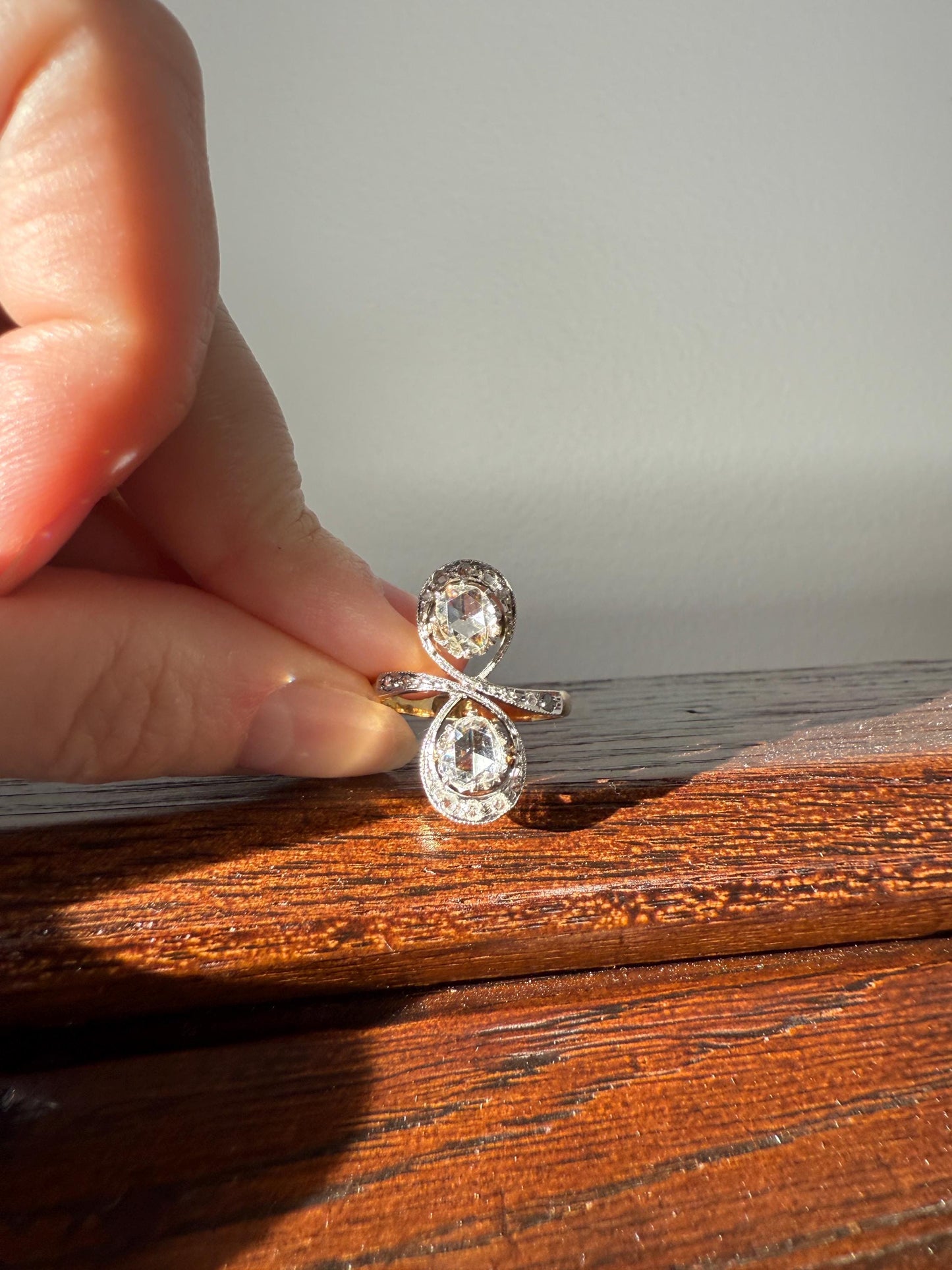 Belle Epoque Antique Rose Cut DIAMOND Toi et Moi Ring 1.5 Carat Face Up 18k Gold Victorian Infinity Figure 8 Swirl Art Nouveau Movement