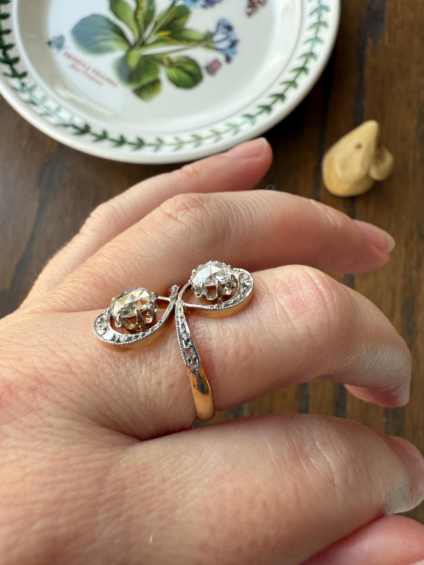 Belle Epoque Antique Rose Cut DIAMOND Toi et Moi Ring 1.5 Carat Face Up 18k Gold Victorian Infinity Figure 8 Swirl Art Nouveau Movement