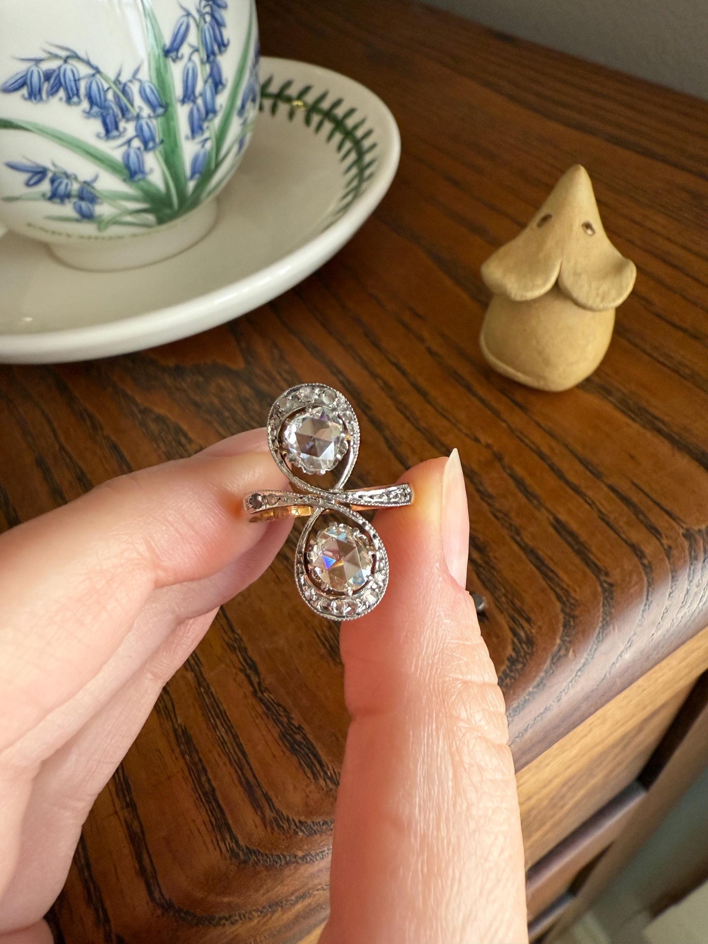 Belle Epoque Antique Rose Cut DIAMOND Toi et Moi Ring 1.5 Carat Face Up 18k Gold Victorian Infinity Figure 8 Swirl Art Nouveau Movement