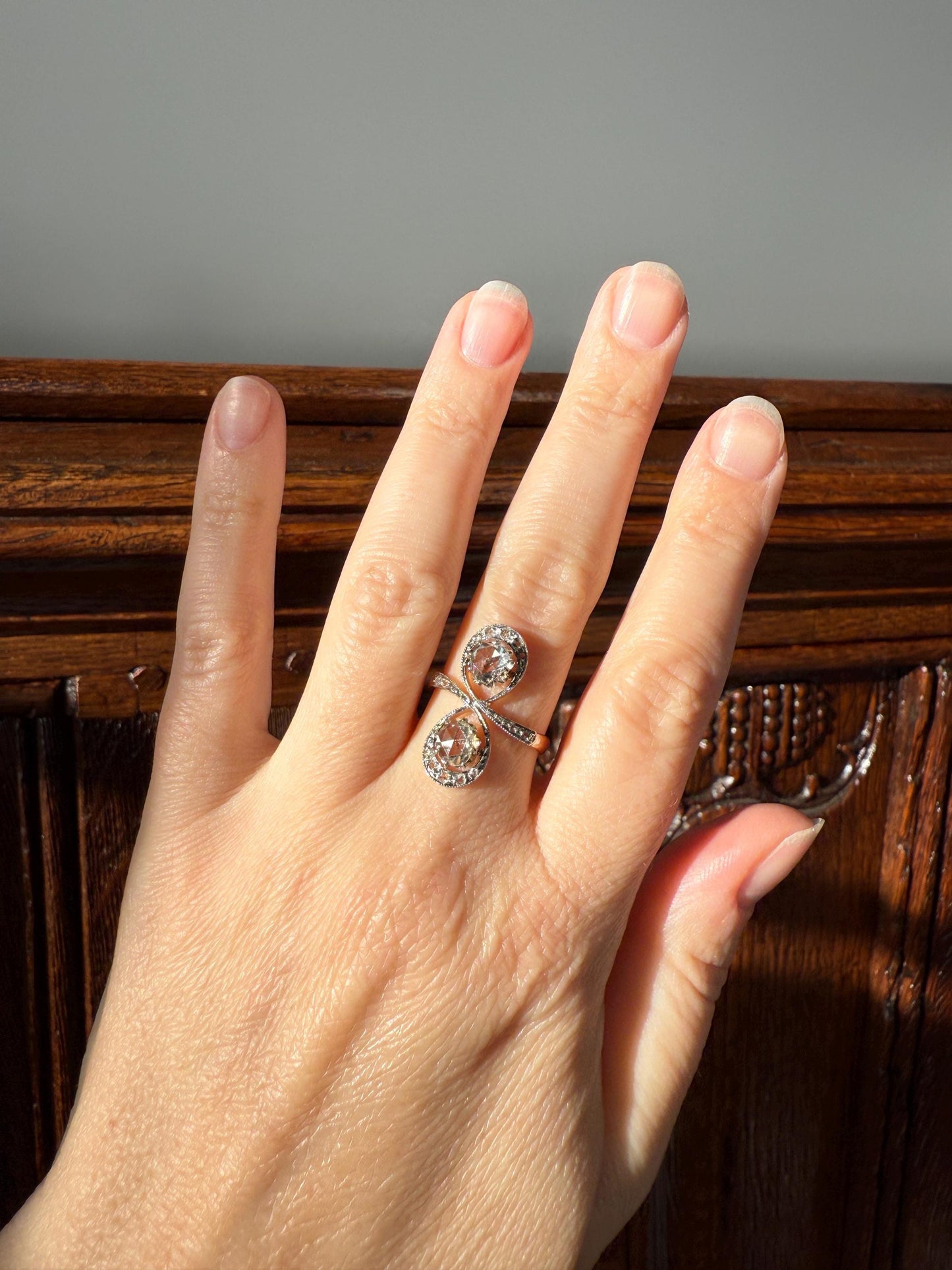 Belle Epoque Antique Rose Cut DIAMOND Toi et Moi Ring 1.5 Carat Face Up 18k Gold Victorian Infinity Figure 8 Swirl Art Nouveau Movement