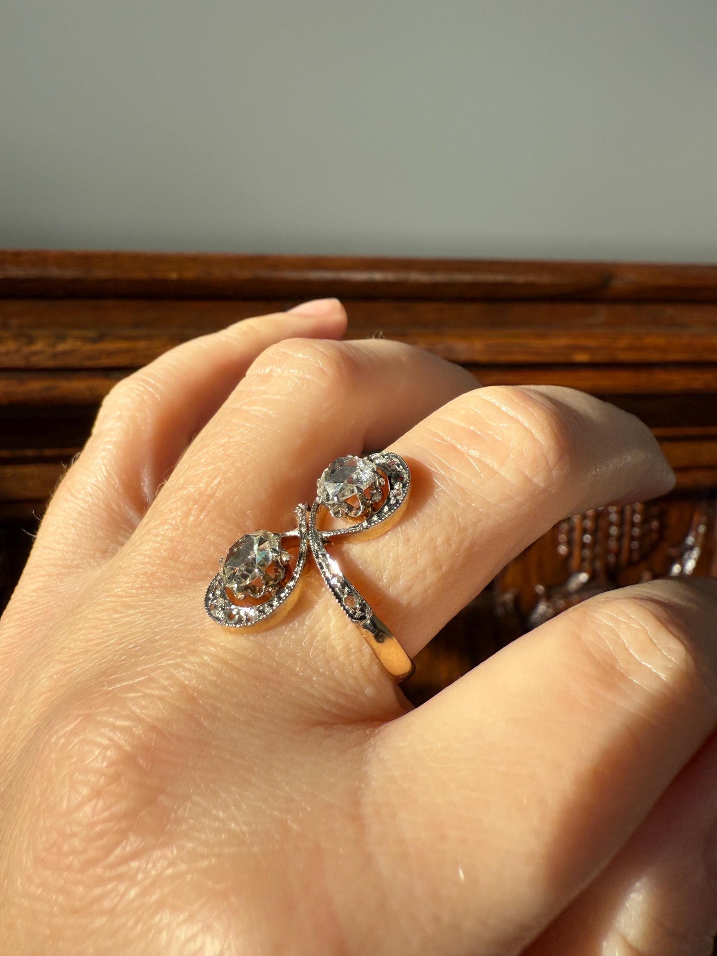 Belle Epoque Antique Rose Cut DIAMOND Toi et Moi Ring 1.5 Carat Face Up 18k Gold Victorian Infinity Figure 8 Swirl Art Nouveau Movement