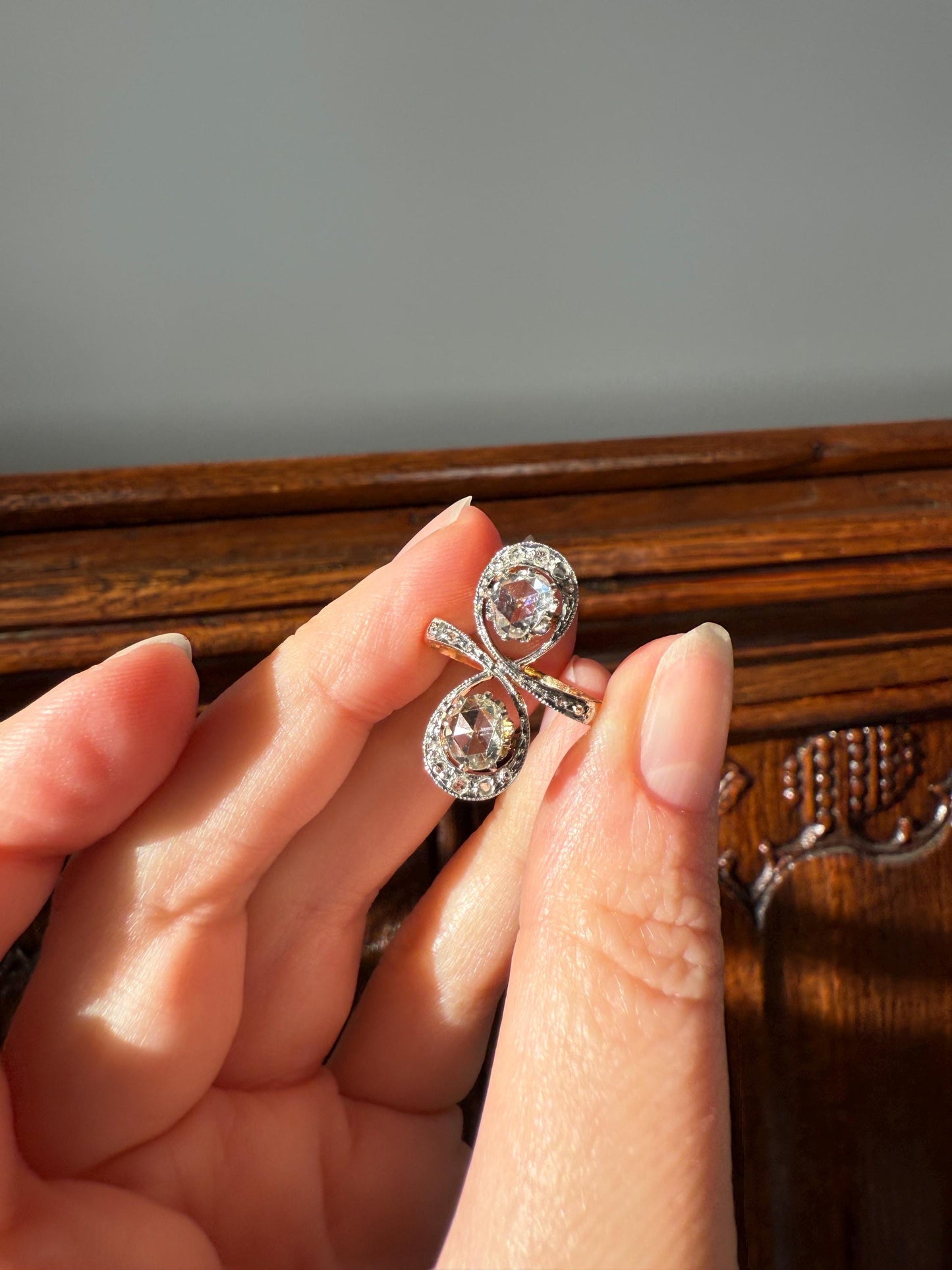 Belle Epoque Antique Rose Cut DIAMOND Toi et Moi Ring 1.5 Carat Face Up 18k Gold Victorian Infinity Figure 8 Swirl Art Nouveau Movement