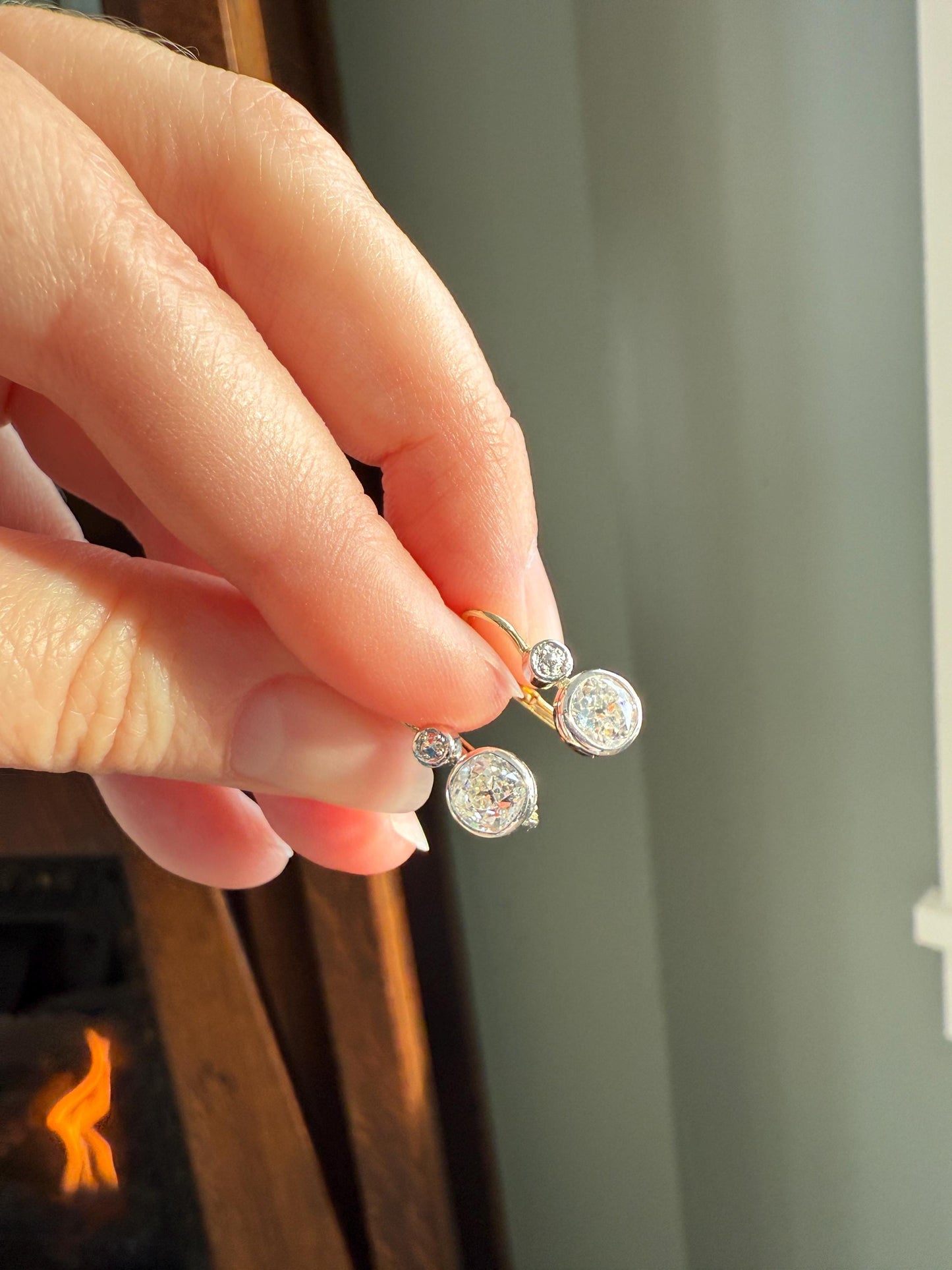 Boxed Antique 1.6 Carat Old Mine Cut DIAMOND Dormeuse Earrings Bezel Set 14k Gold Dangle Bullseye Illusion Setting