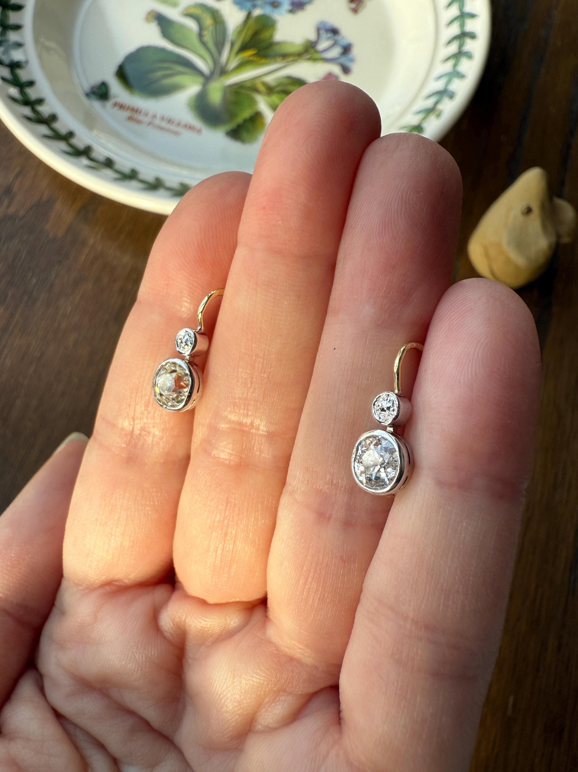 Boxed Antique 1.6 Carat Old Mine Cut DIAMOND Dormeuse Earrings Bezel Set 14k Gold Dangle Bullseye Illusion Setting