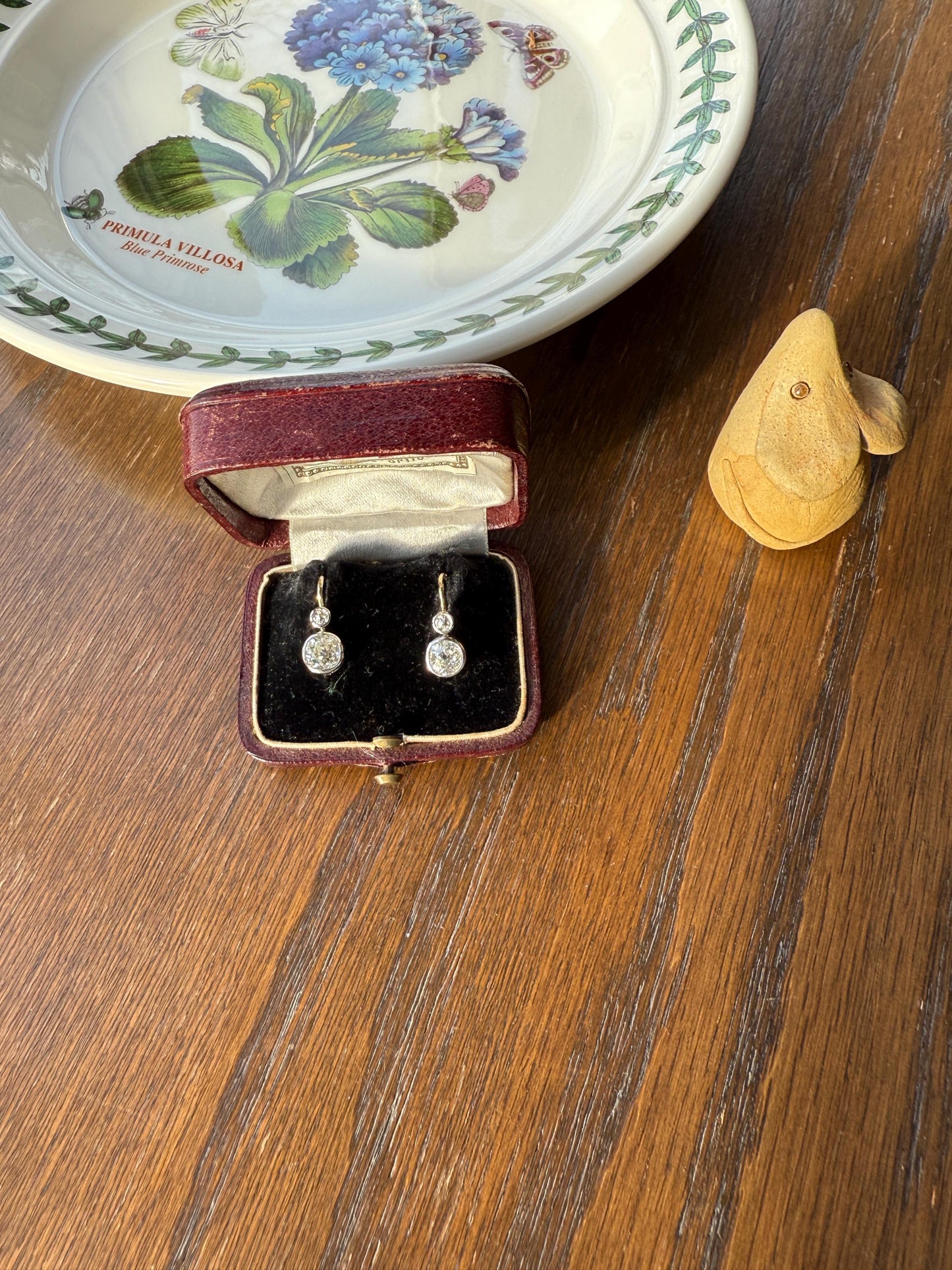 Boxed Antique 1.6 Carat Old Mine Cut DIAMOND Dormeuse Earrings Bezel Set 14k Gold Dangle Bullseye Illusion Setting
