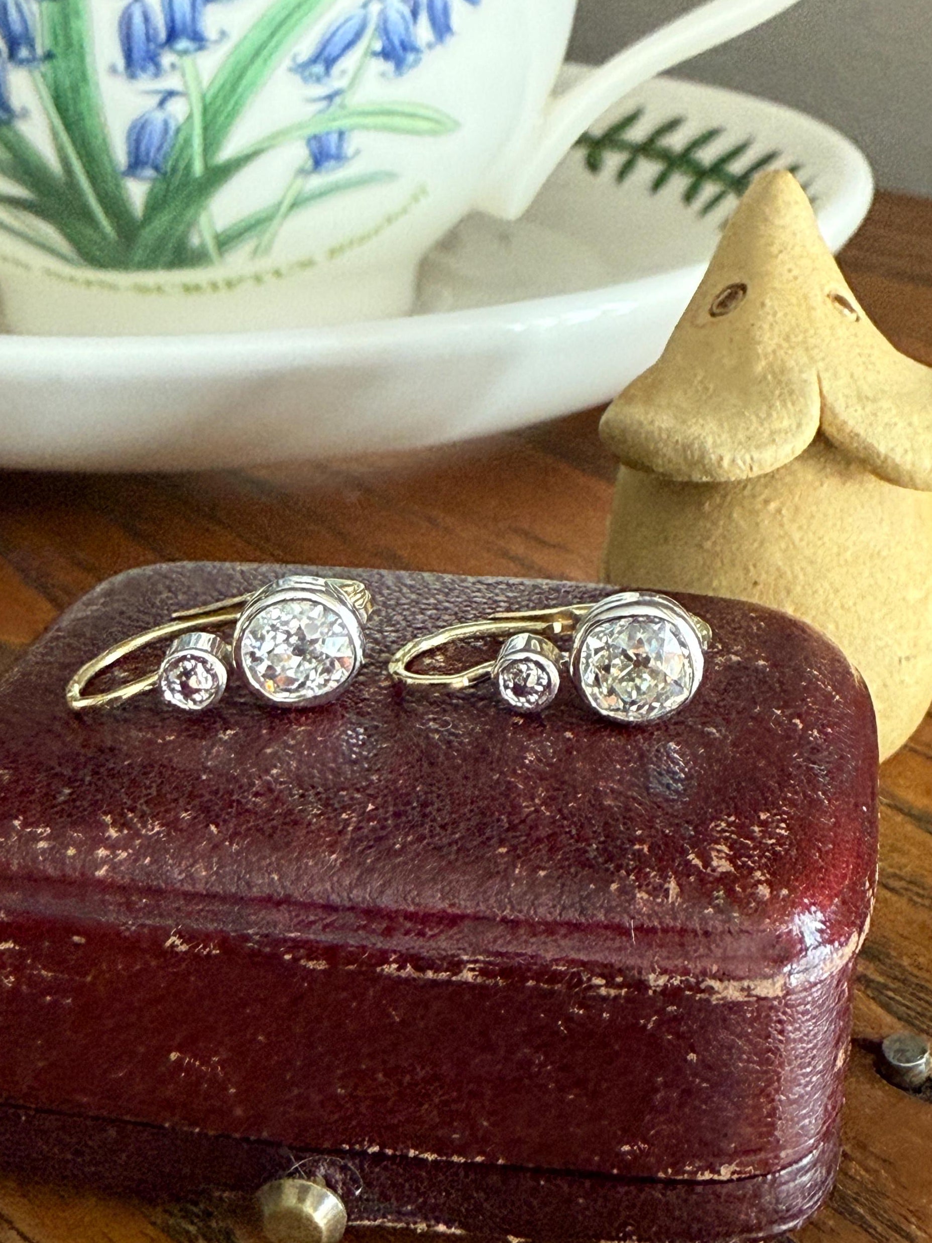 Boxed Antique 1.6 Carat Old Mine Cut DIAMOND Dormeuse Earrings Bezel Set 14k Gold Dangle Bullseye Illusion Setting