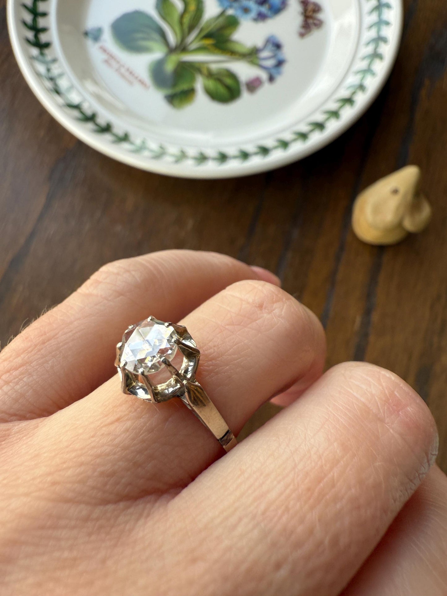 Antique 6.2mm Eye Clean Rose Cut DIAMOND Solitaire 18k White Gold Ring Disco Ball Stacker Open Back Engagement 1 Carat Face Up