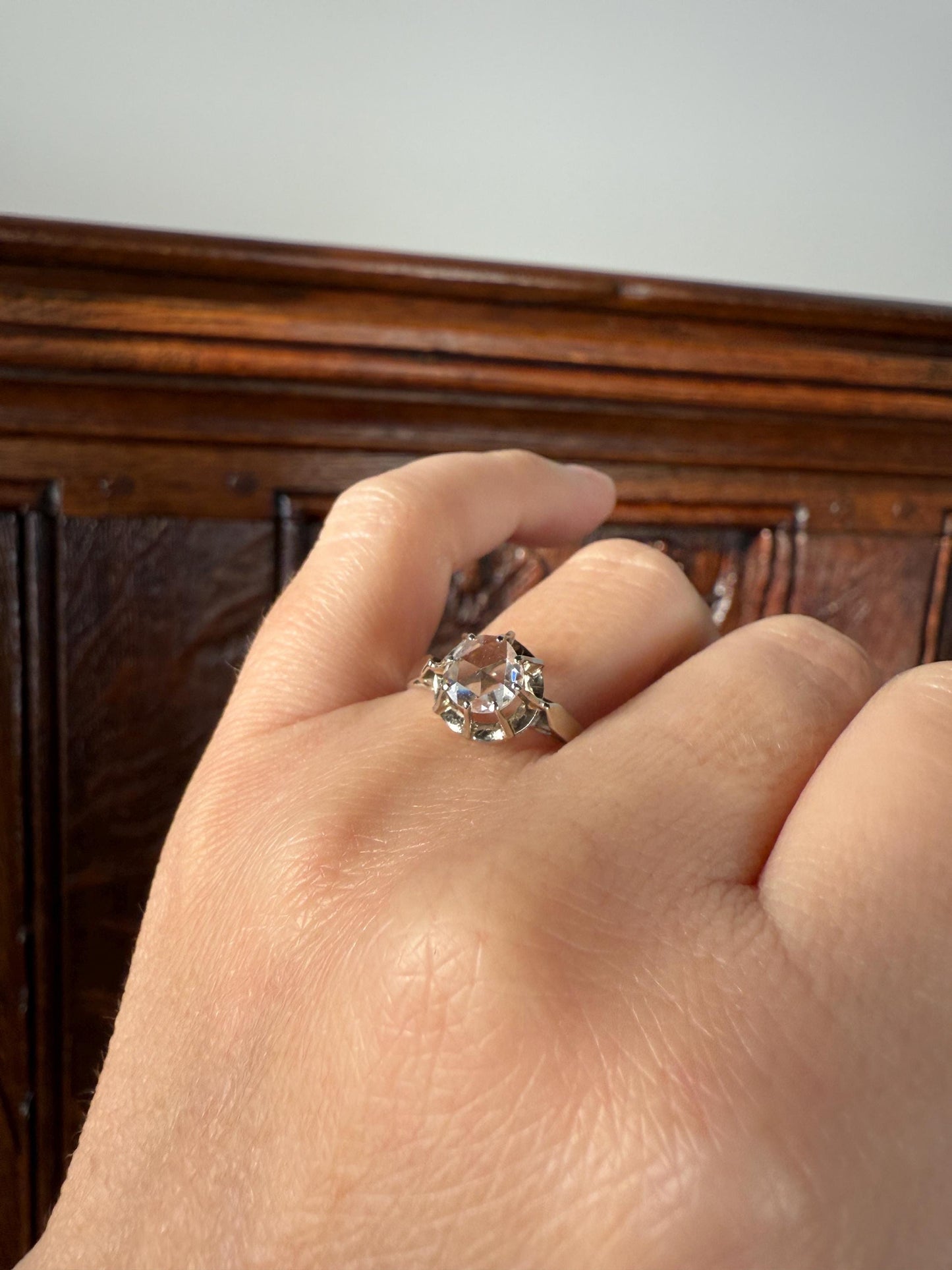 Antique 6.2mm Eye Clean Rose Cut DIAMOND Solitaire 18k White Gold Ring Disco Ball Stacker Open Back Engagement 1 Carat Face Up