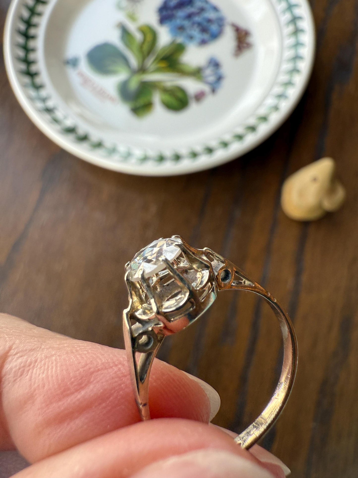 Antique 6.2mm Eye Clean Rose Cut DIAMOND Solitaire 18k White Gold Ring Disco Ball Stacker Open Back Engagement 1 Carat Face Up