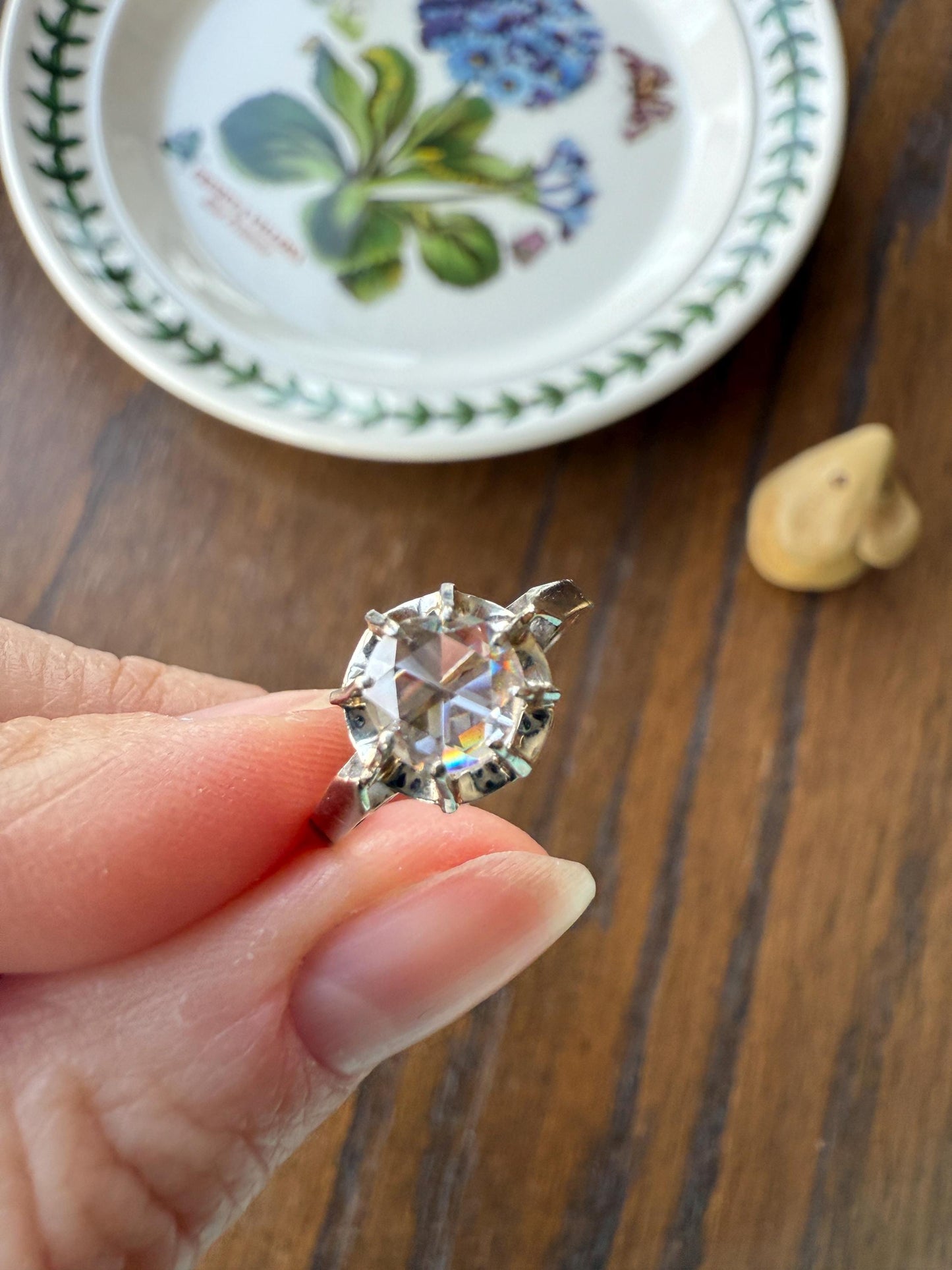 Antique 6.2mm Eye Clean Rose Cut DIAMOND Solitaire 18k White Gold Ring Disco Ball Stacker Open Back Engagement 1 Carat Face Up