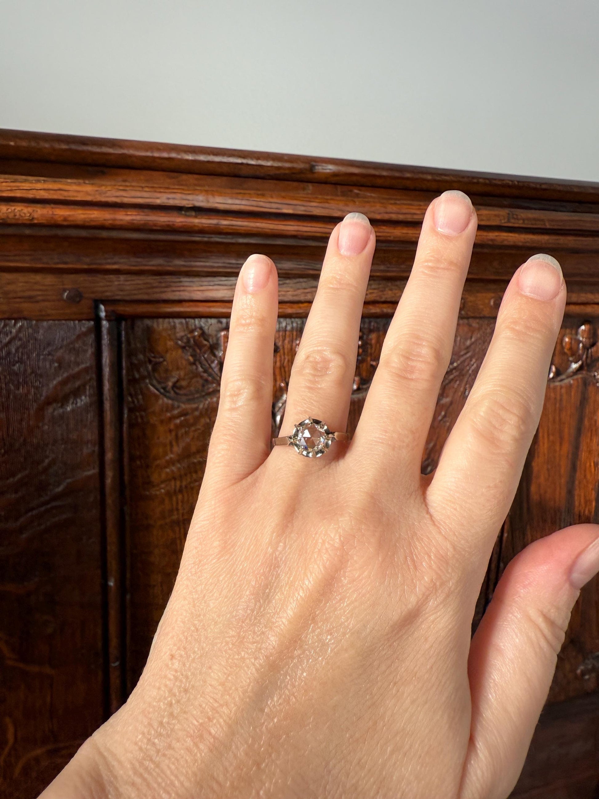 Antique 6.2mm Eye Clean Rose Cut DIAMOND Solitaire 18k White Gold Ring Disco Ball Stacker Open Back Engagement 1 Carat Face Up