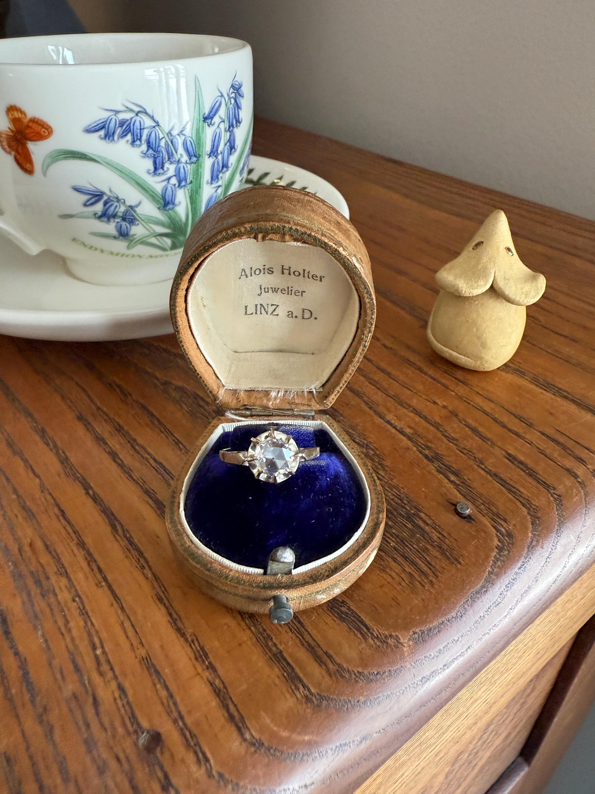 Antique 6.2mm Eye Clean Rose Cut DIAMOND Solitaire 18k White Gold Ring Disco Ball Stacker Open Back Engagement 1 Carat Face Up