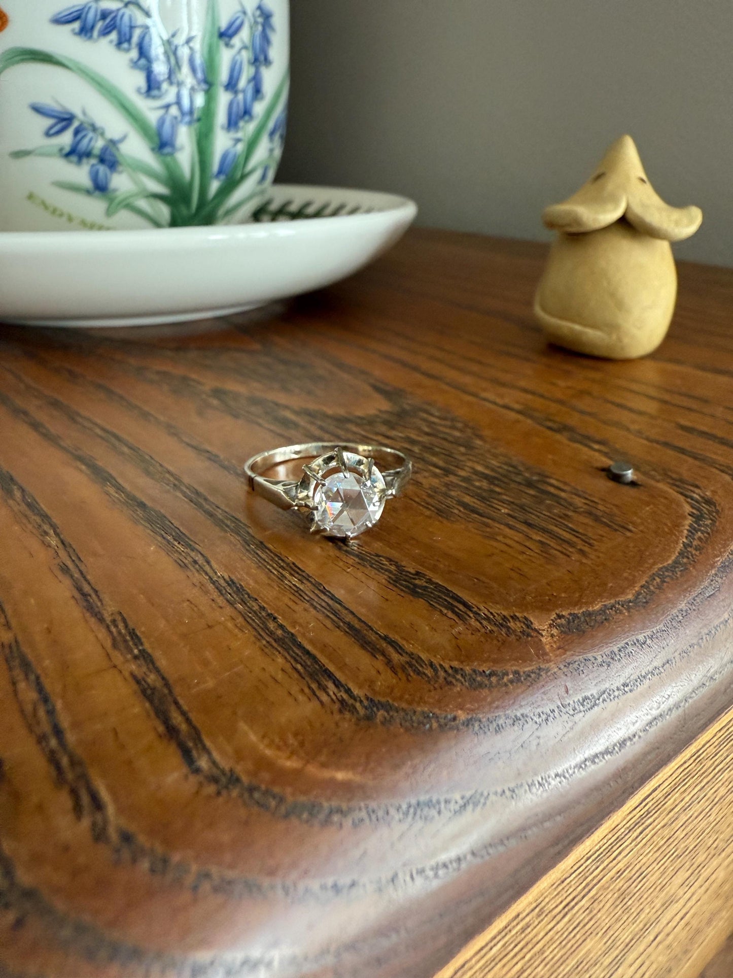 Antique 6.2mm Eye Clean Rose Cut DIAMOND Solitaire 18k White Gold Ring Disco Ball Stacker Open Back Engagement 1 Carat Face Up
