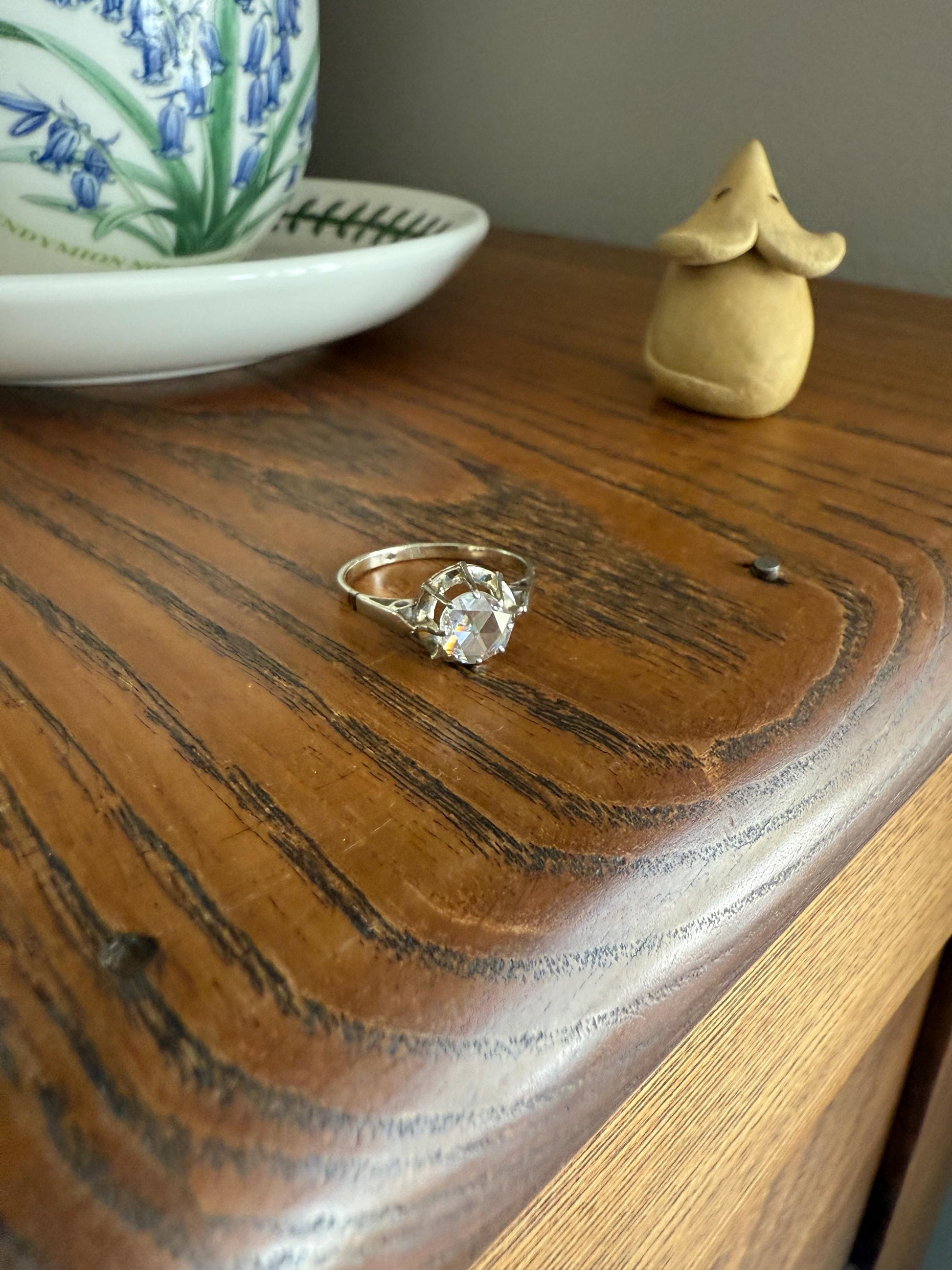 Antique 6.2mm Eye Clean Rose Cut DIAMOND Solitaire 18k White Gold Ring Disco Ball Stacker Open Back Engagement 1 Carat Face Up