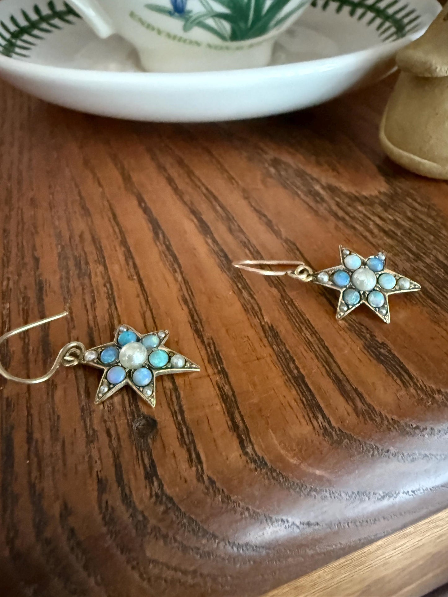 STAR Blue OPAL Pearl Beads Dangle Earrings Cluster Antique Victorian Iridescent Figural Celestial