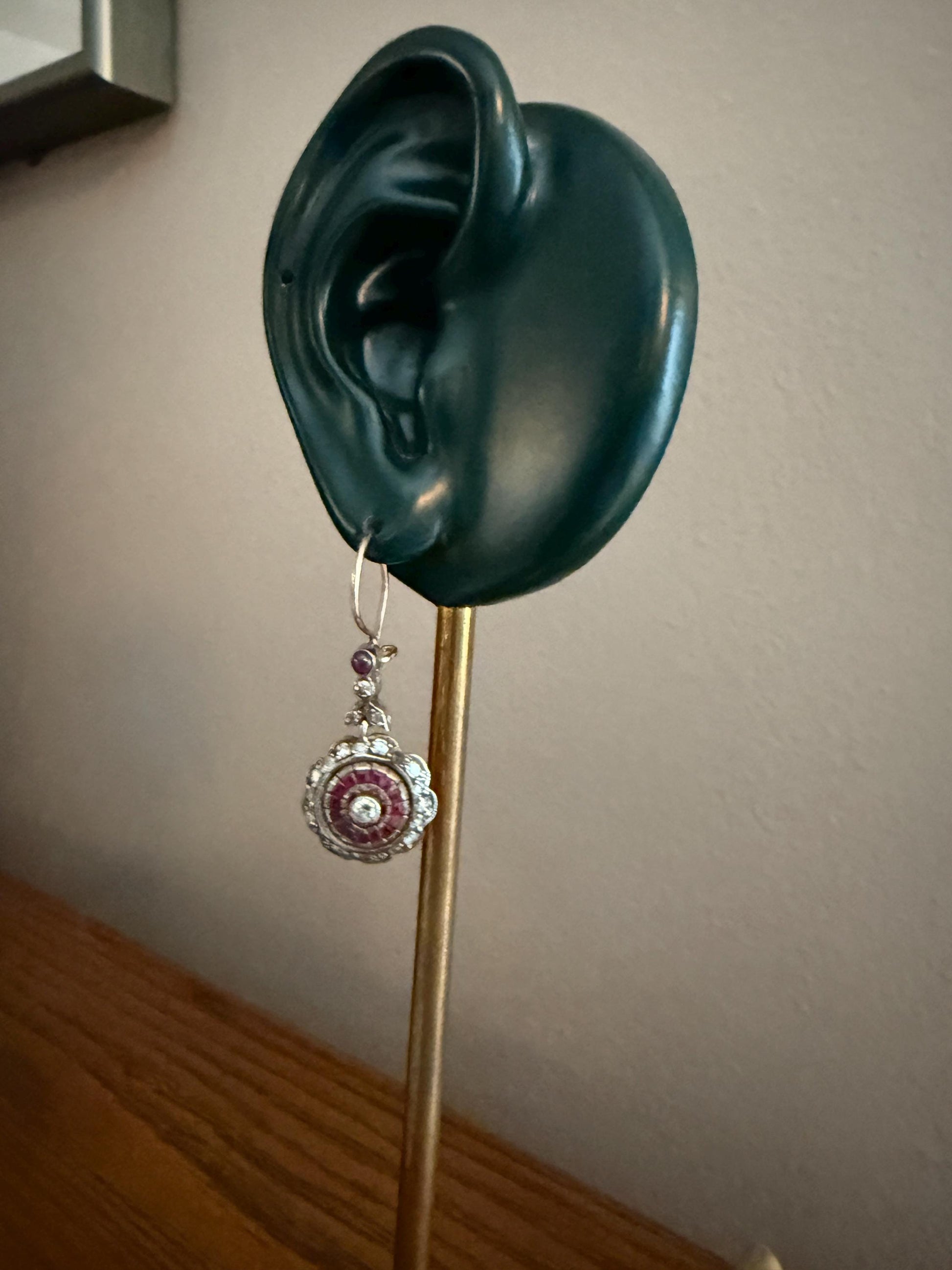Natural RUBY Halo Antique Old Single Cut DIAMOND Halo Dangle Earrings 8k 14k Gold Sterling Silver Scalloped Floral Cluster Bullseye Target