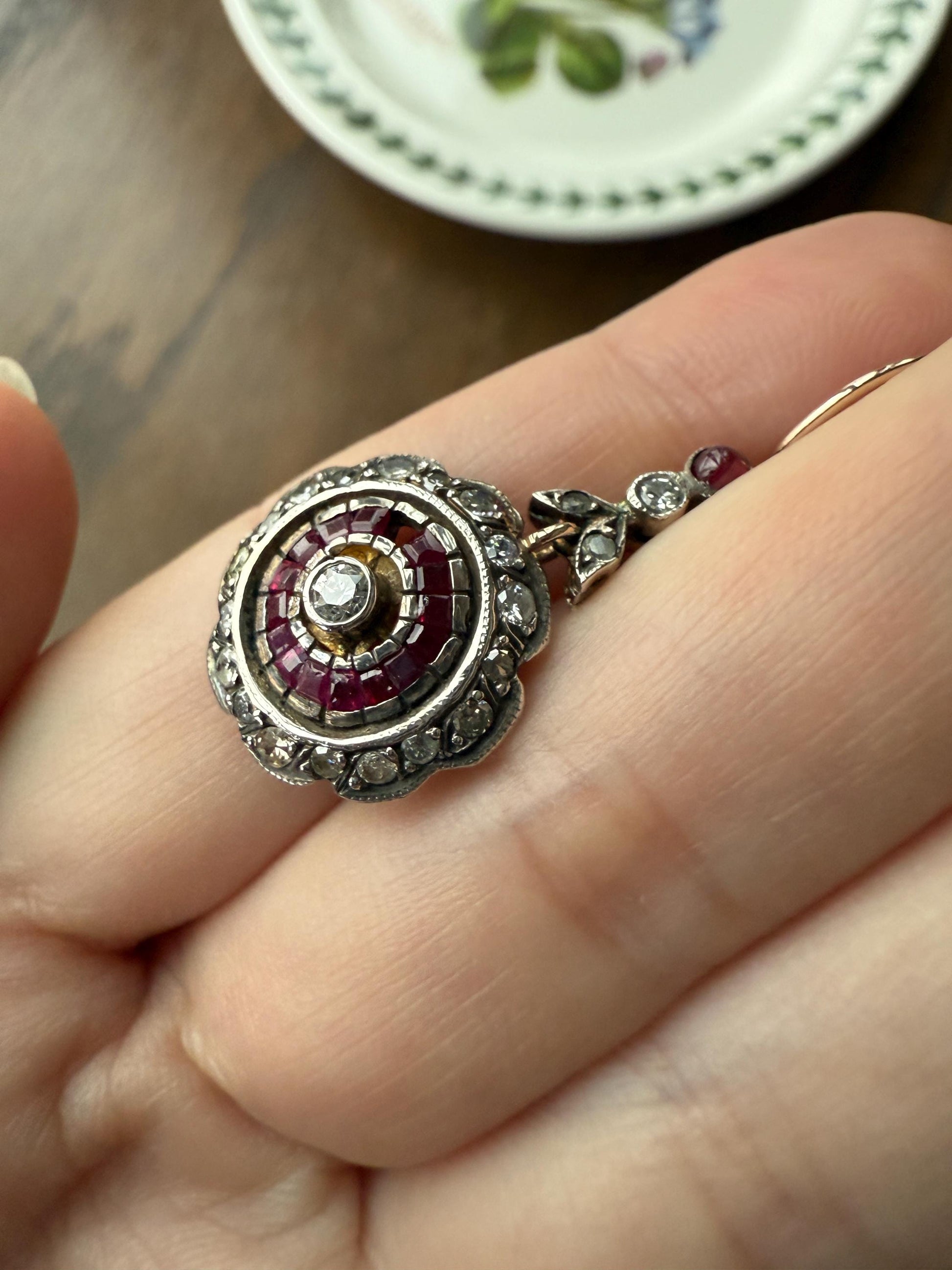 Natural RUBY Halo Antique Old Single Cut DIAMOND Halo Dangle Earrings 8k 14k Gold Sterling Silver Scalloped Floral Cluster Bullseye Target