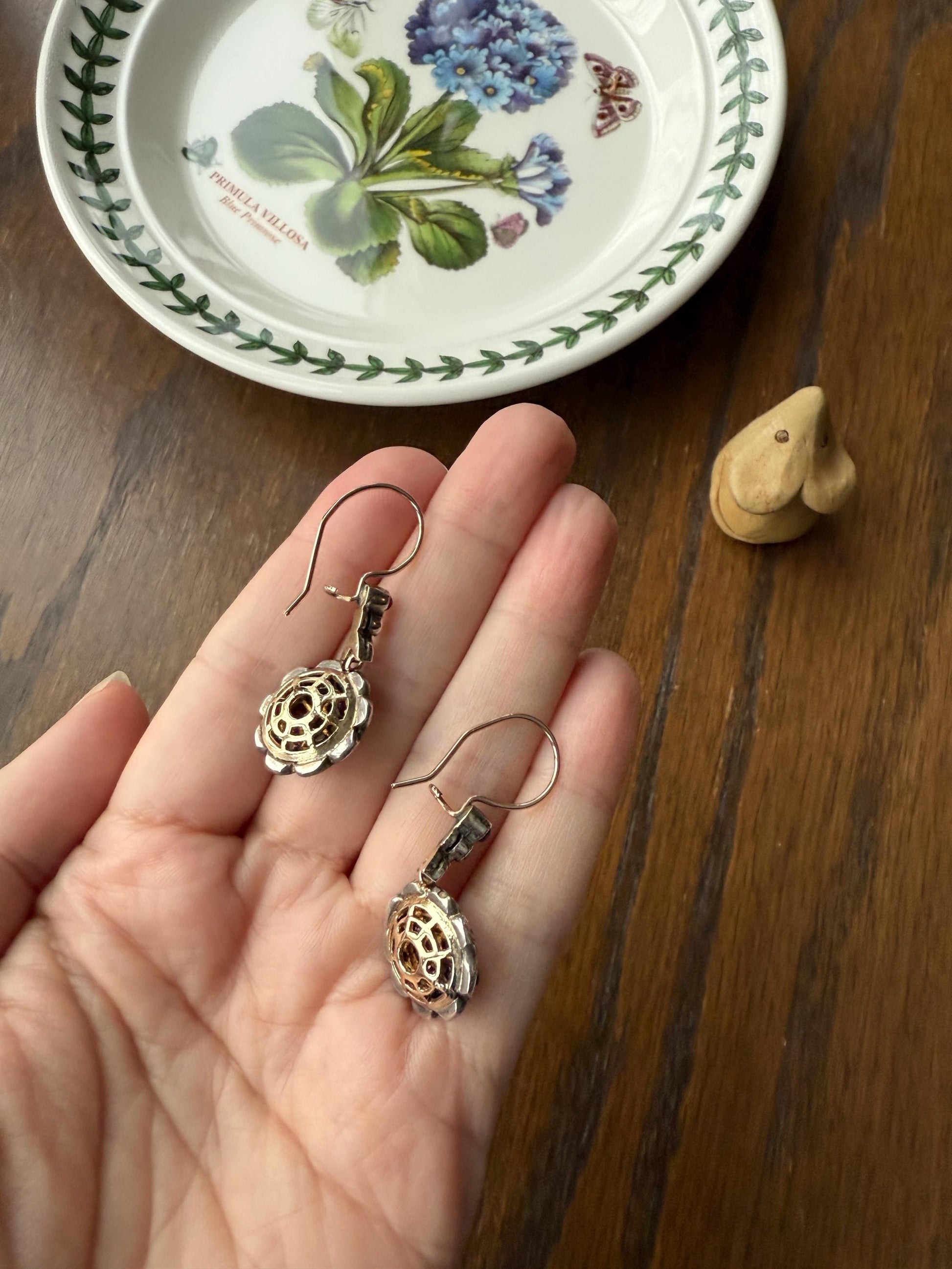 Natural RUBY Halo Antique Old Single Cut DIAMOND Halo Dangle Earrings 8k 14k Gold Sterling Silver Scalloped Floral Cluster Bullseye Target
