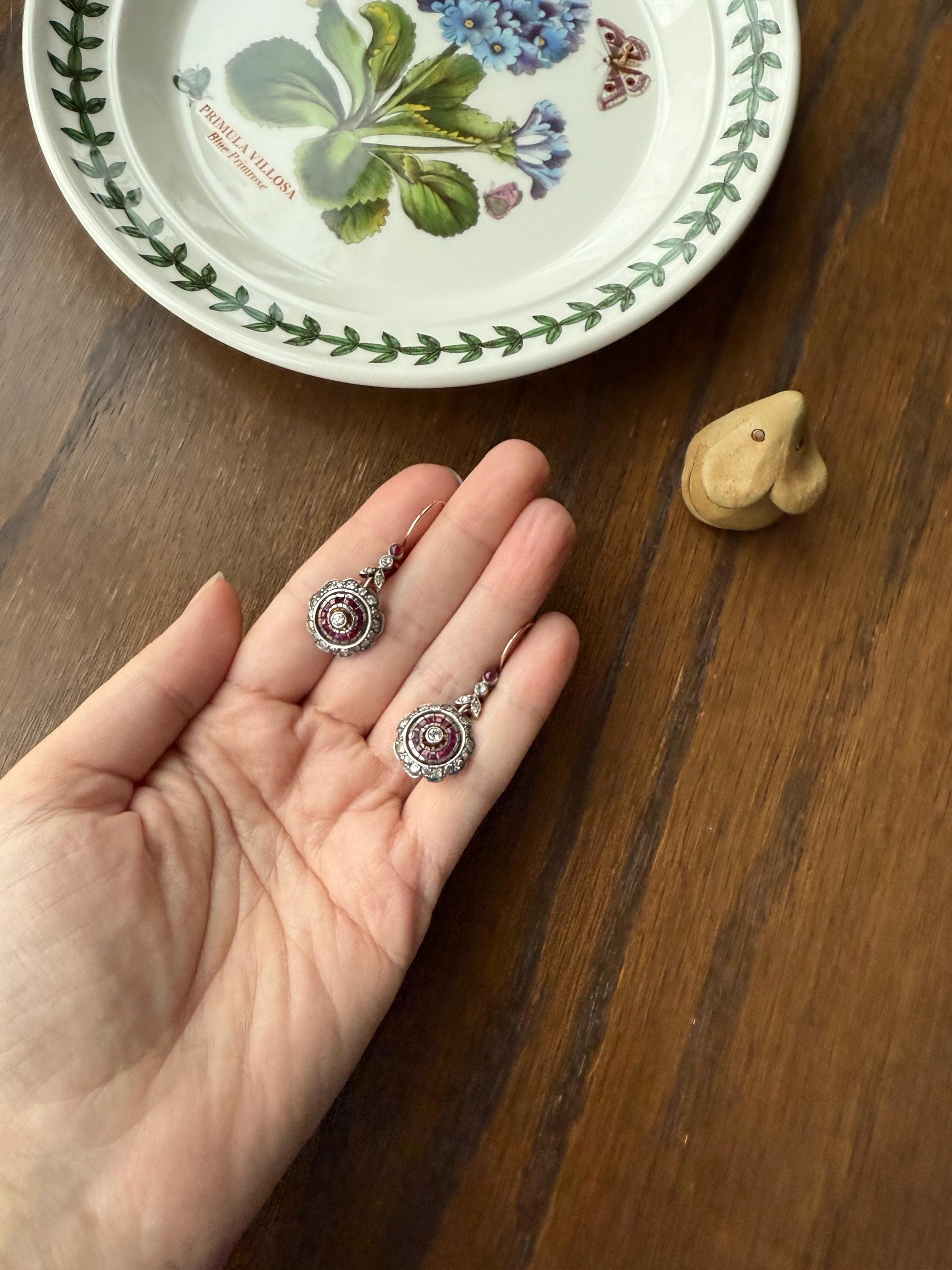 Natural RUBY Halo Antique Old Single Cut DIAMOND Halo Dangle Earrings 8k 14k Gold Sterling Silver Scalloped Floral Cluster Bullseye Target