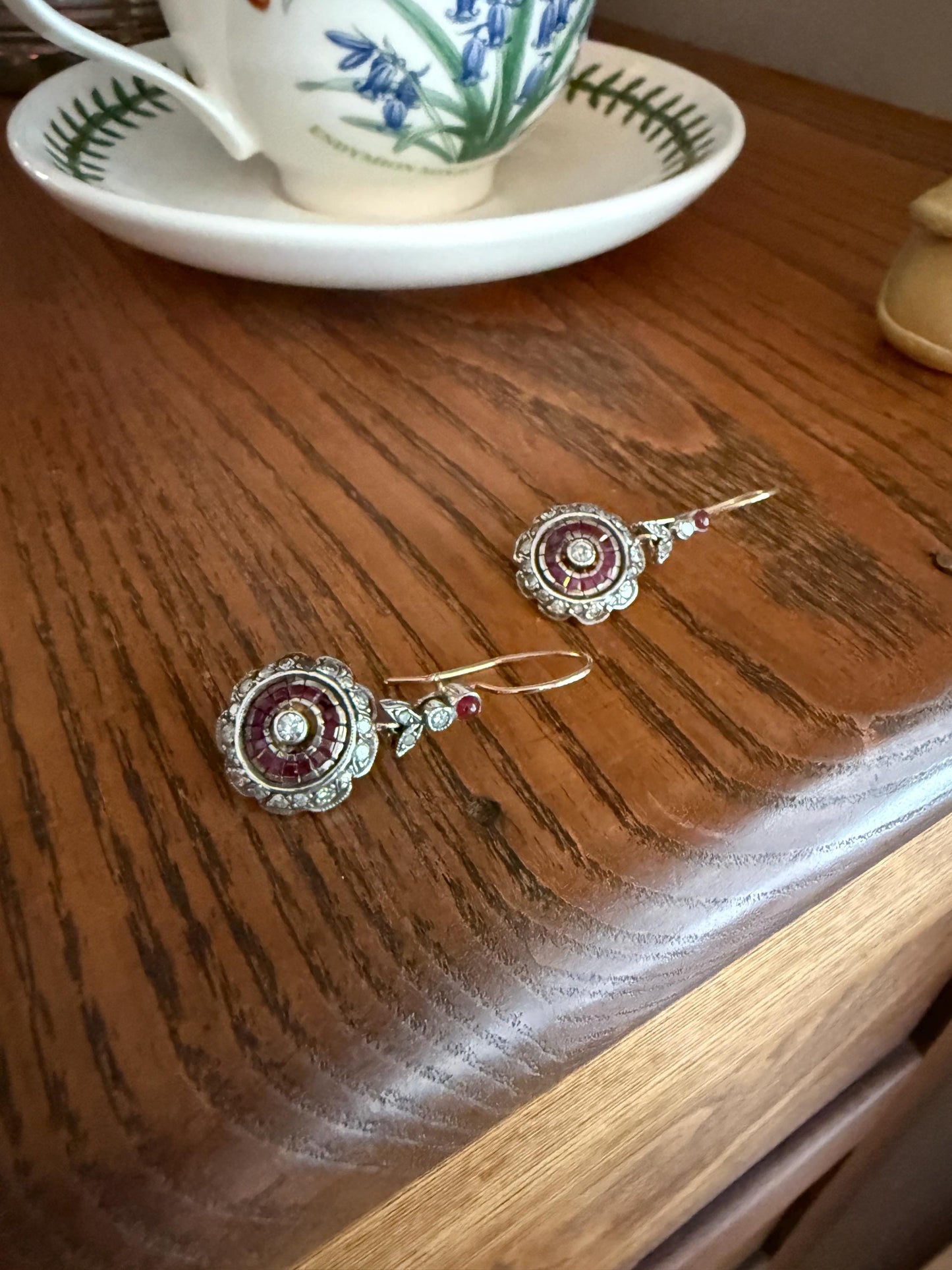 Natural RUBY Halo Antique Old Single Cut DIAMOND Halo Dangle Earrings 8k 14k Gold Sterling Silver Scalloped Floral Cluster Bullseye Target