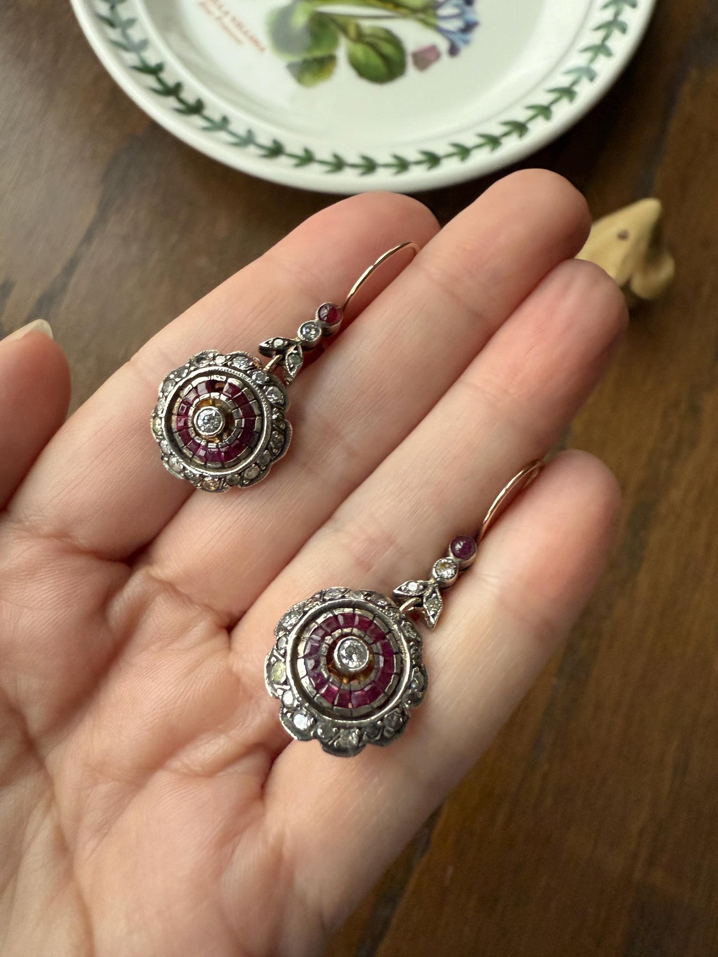 Natural RUBY Halo Antique Old Single Cut DIAMOND Halo Dangle Earrings 8k 14k Gold Sterling Silver Scalloped Floral Cluster Bullseye Target