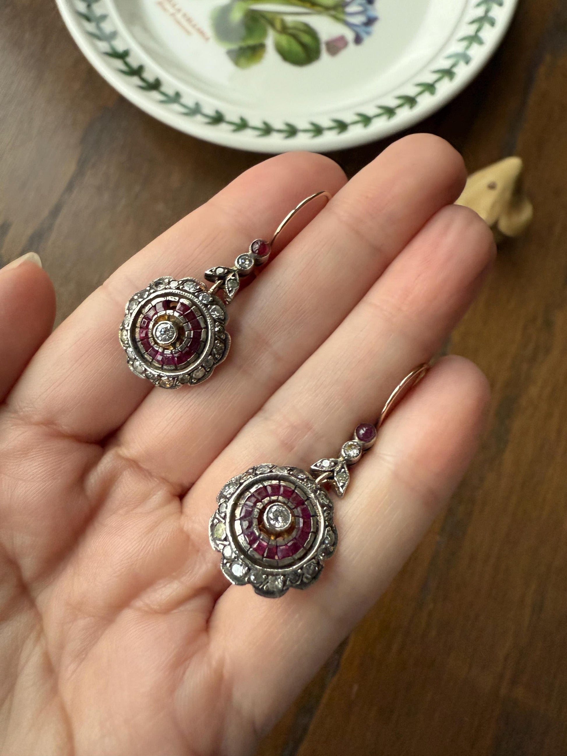 Natural RUBY Halo Antique Old Single Cut DIAMOND Halo Dangle Earrings 8k 14k Gold Sterling Silver Scalloped Floral Cluster Bullseye Target